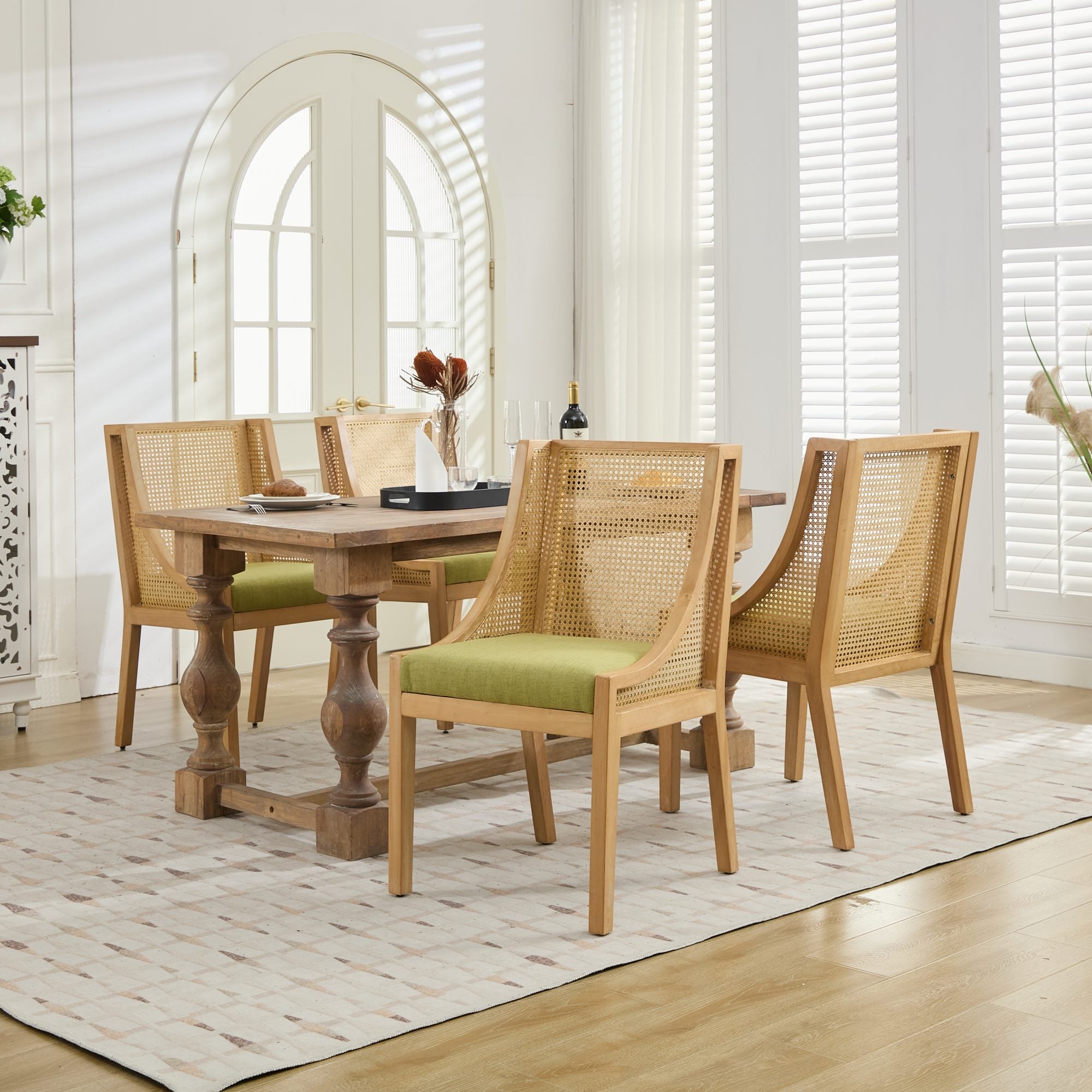 Linen Upholstered Rattan Dining Chair with Decorative Armrests