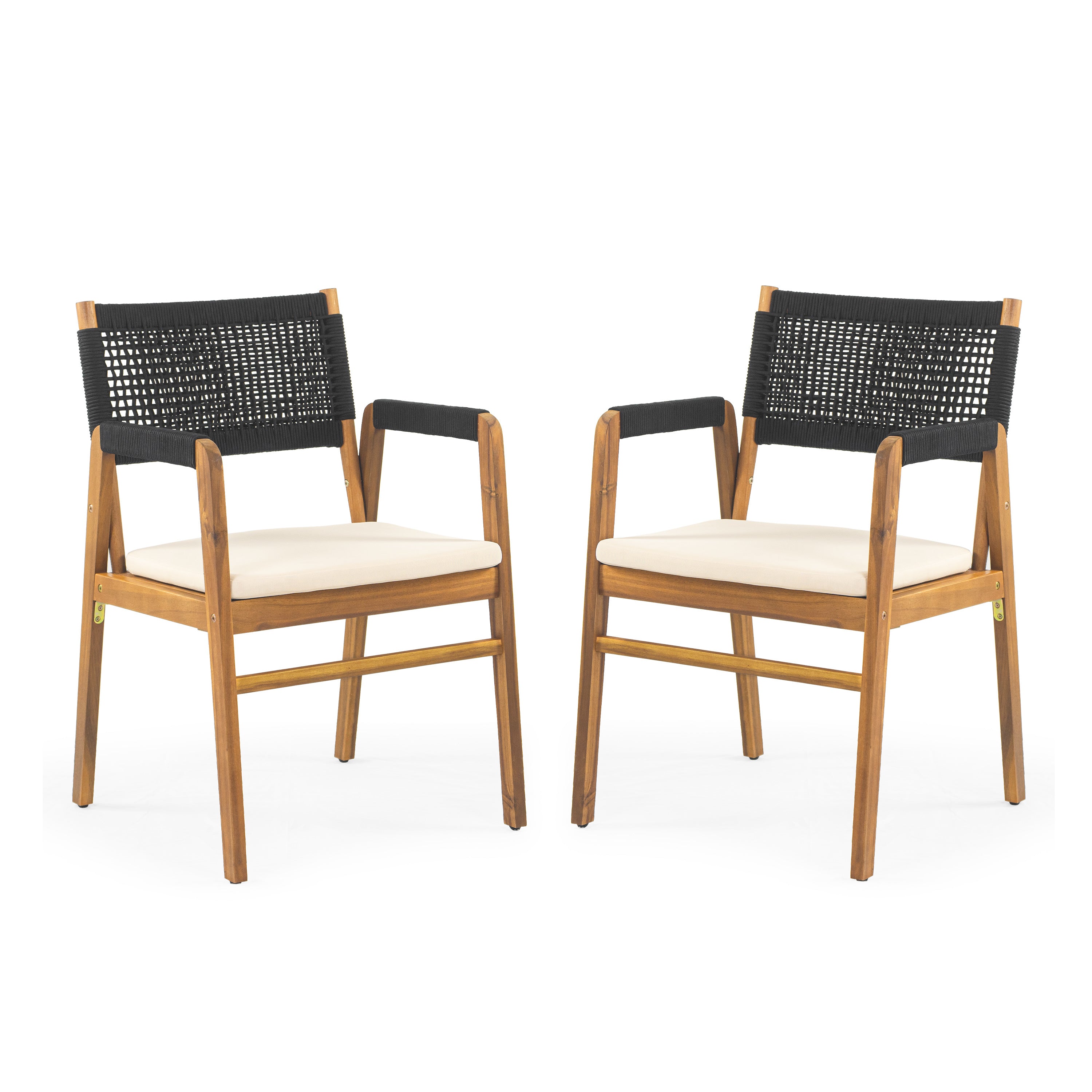 Outdoor Acacia Wood Dining Armchair with Cushion, Black Rope Design, Weather-Resistant, Set of 2