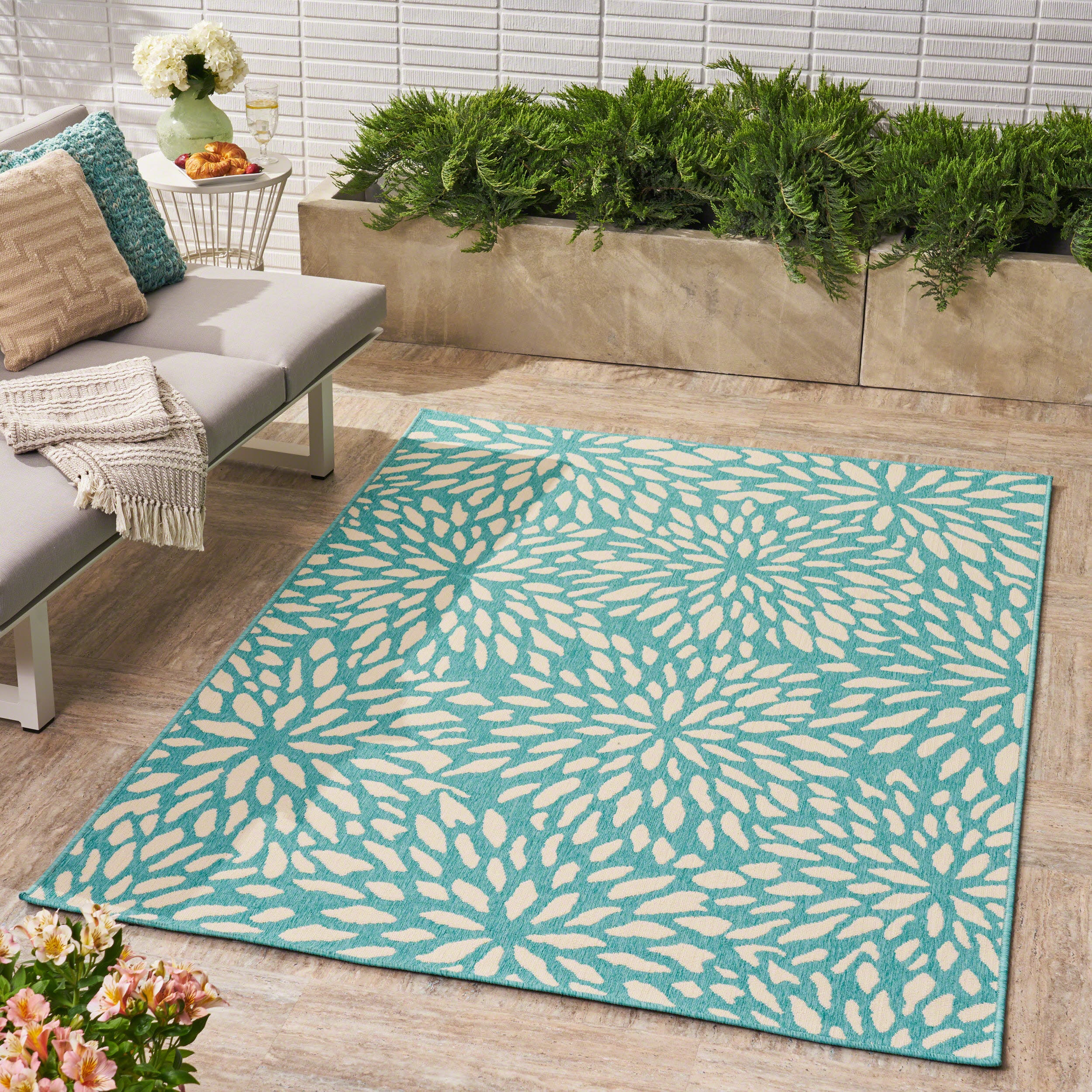 90" x 63" Outdoor Rug with Floral Design and Rectangle Shape