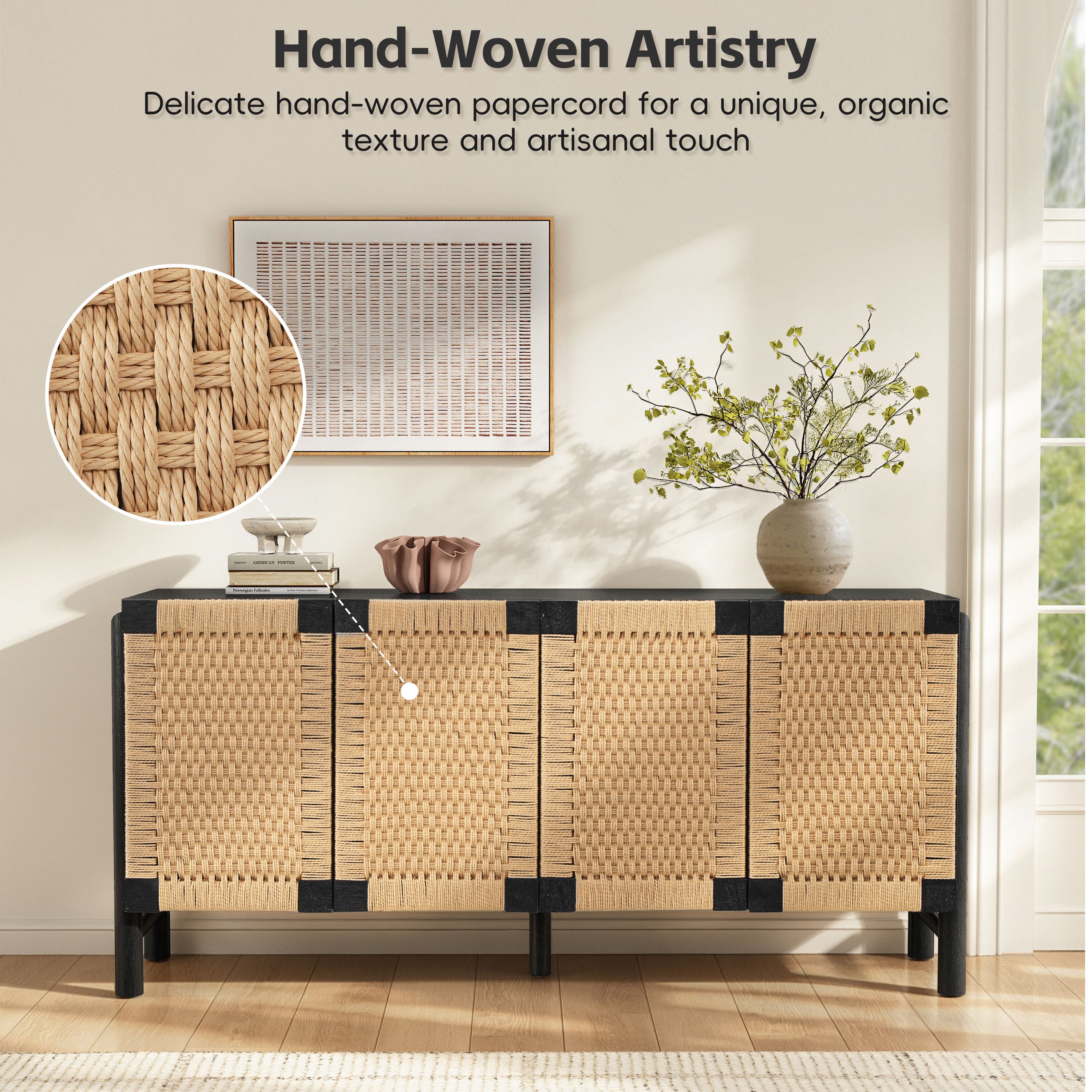 Natural Farmhouse Cabinet with Handwoven Paper Rope Doors