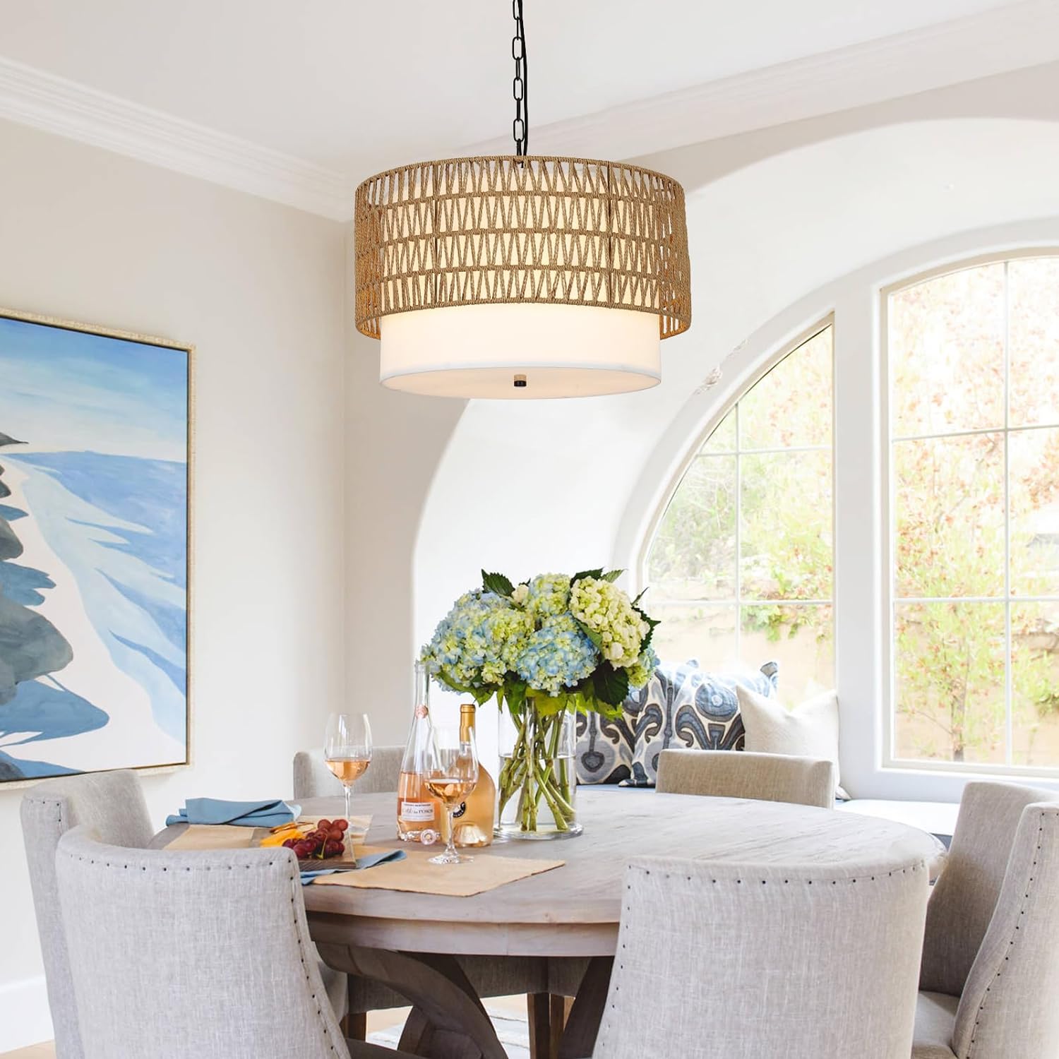 5-Light Rattan Chandelier with Fabric Shade and Adjustable Height