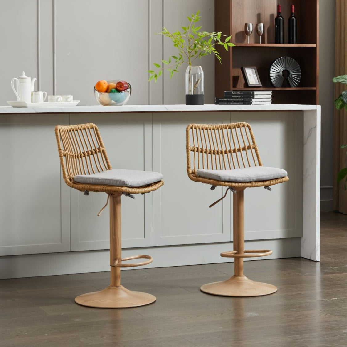 Swivel Counter Height Chair with Wicker Design and Footrest, Set of 2