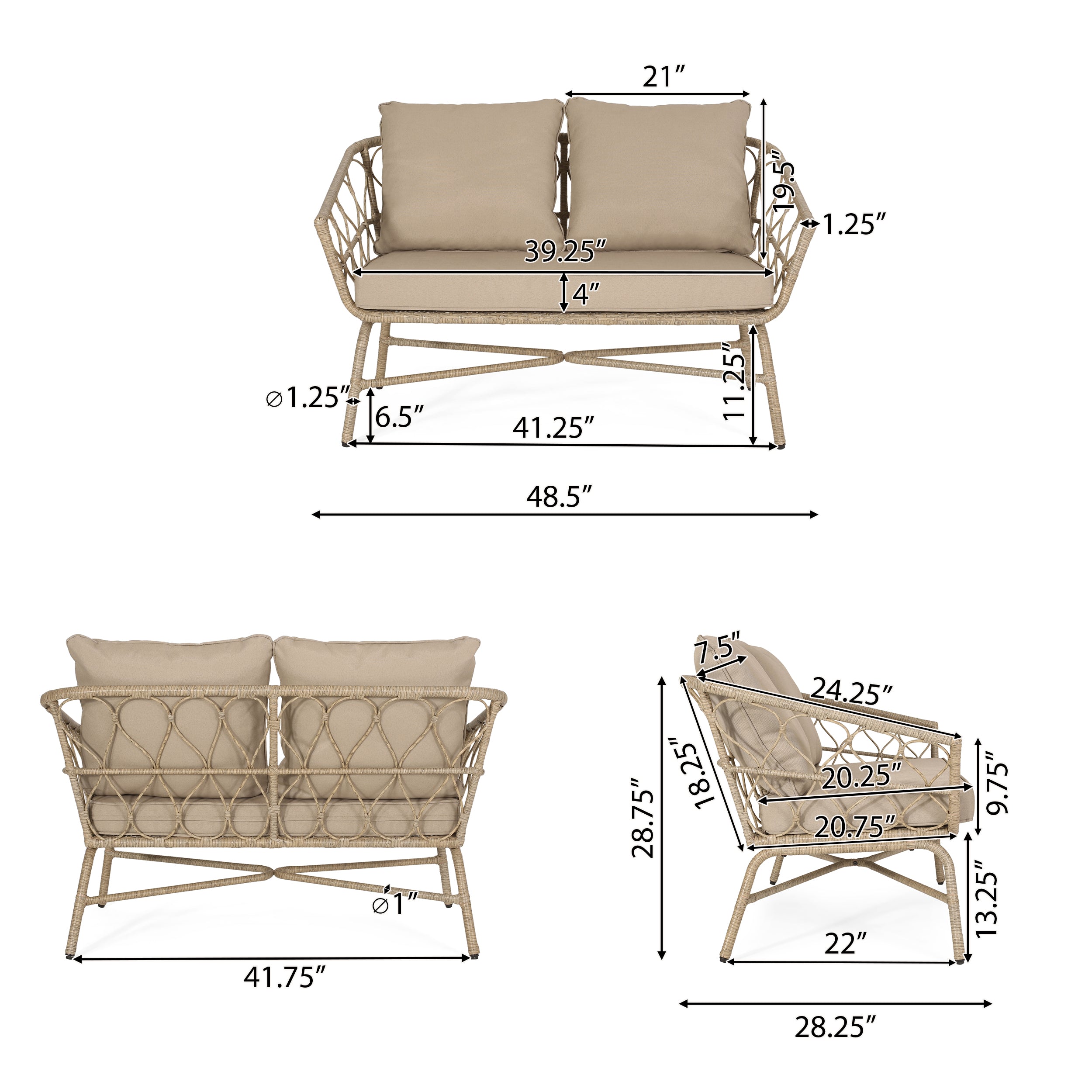 4-Piece Outdoor Rattan Chat Set with Coffee Table, Loveseat and 2 Sloped Arm Chairs
