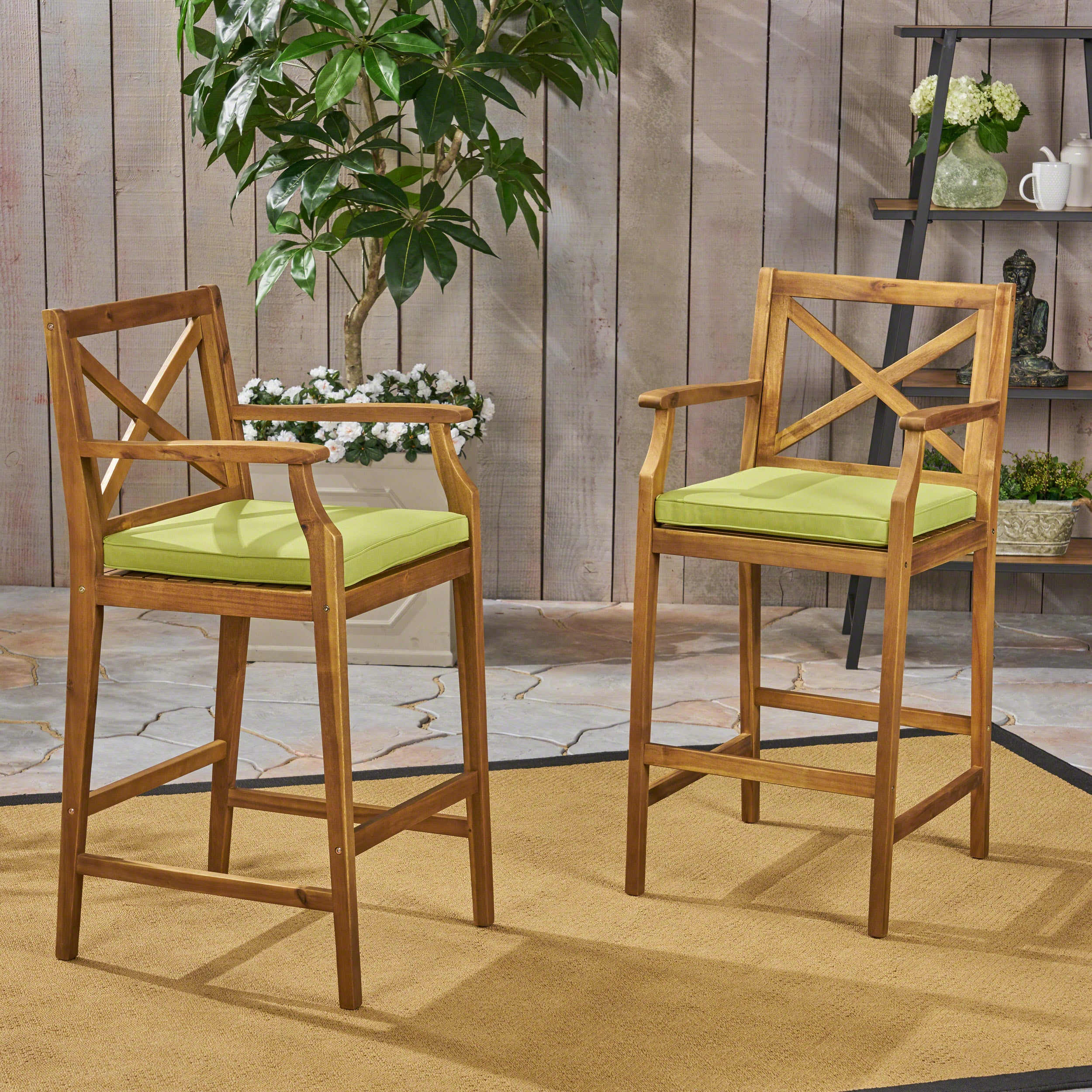 Perla Outdoor Acacia Wood Barstools, Set of 2