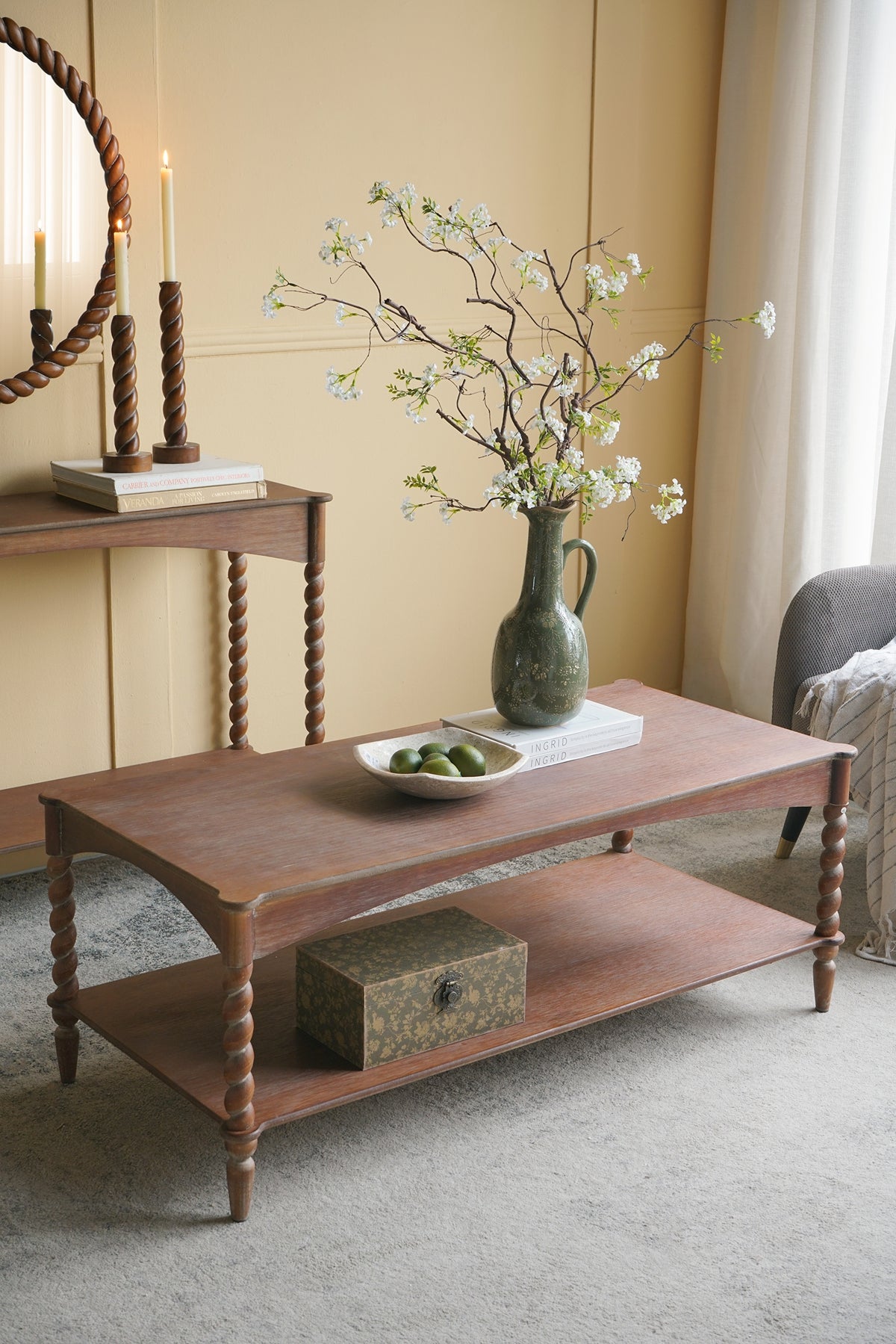 Rustic Brown Wood Coffee Table with Turned Spiral Legs
