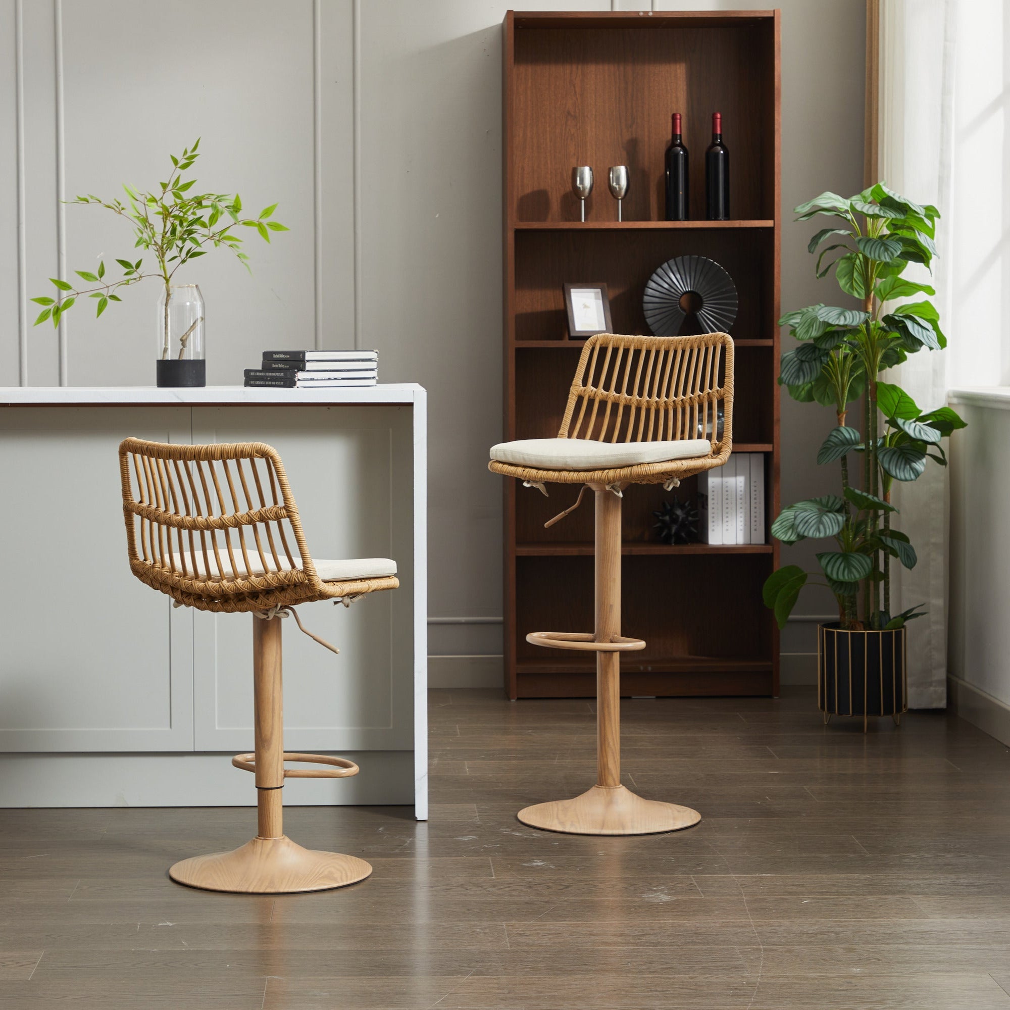 Swivel Bar Stool with Wicker Design and Footrest, Set of 2