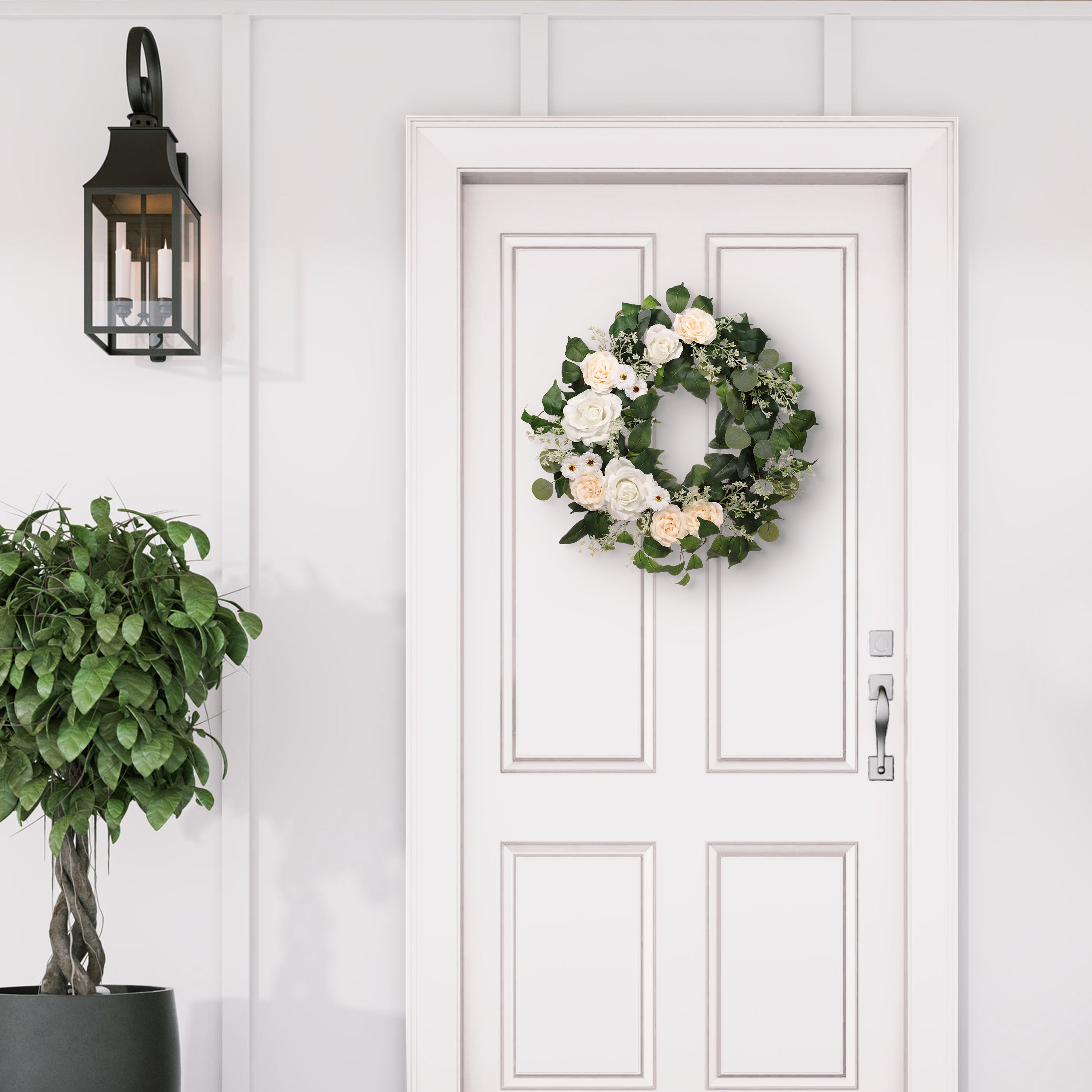 24" Artificial Rose,Camellia,Babysbreath Floral Spring Wreath