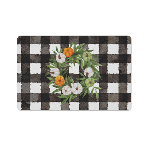 Black and White Gingham Tri Color Pumpkin Wreath Kitchen and Doormat