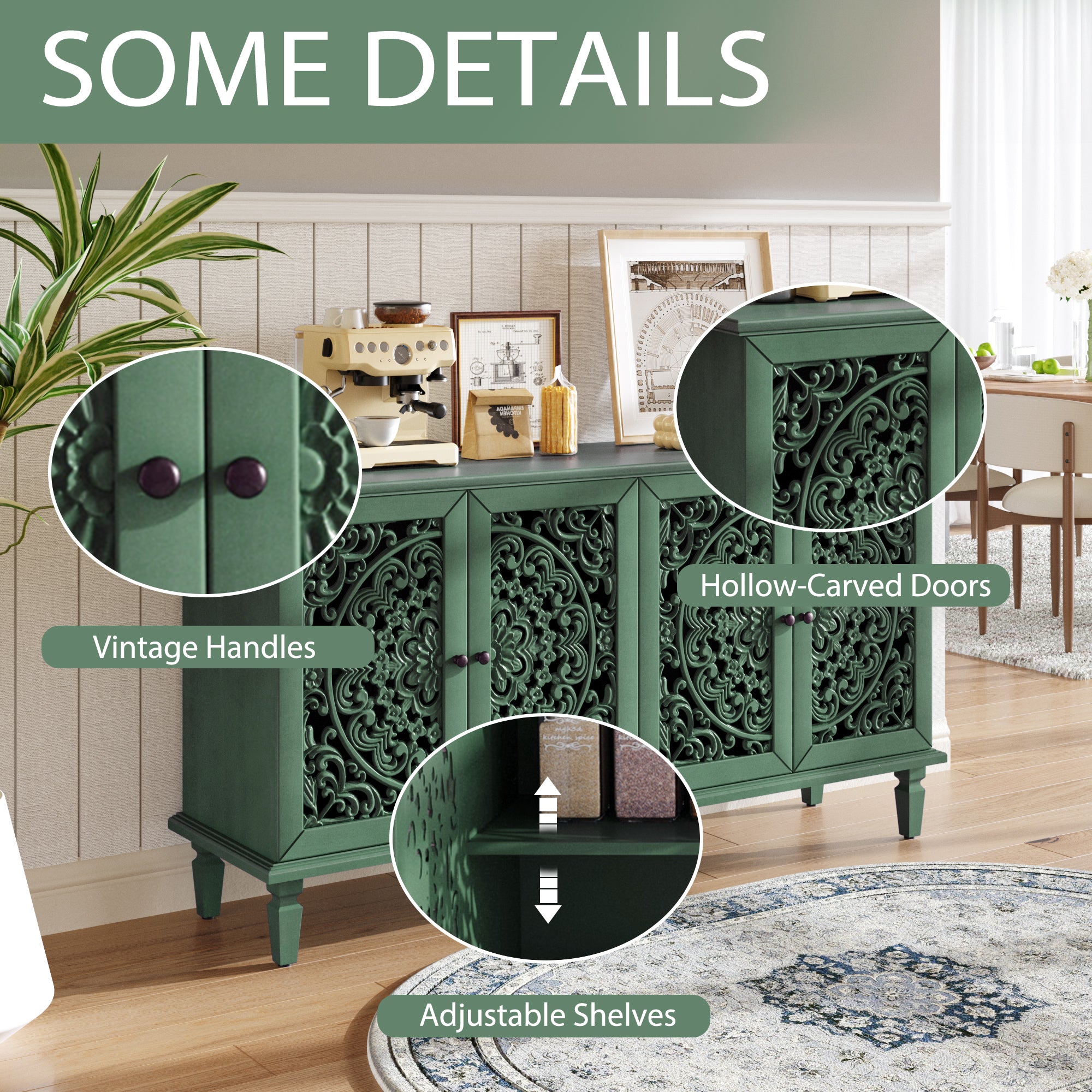 Floral Carvings Buffet Storage Cabinet