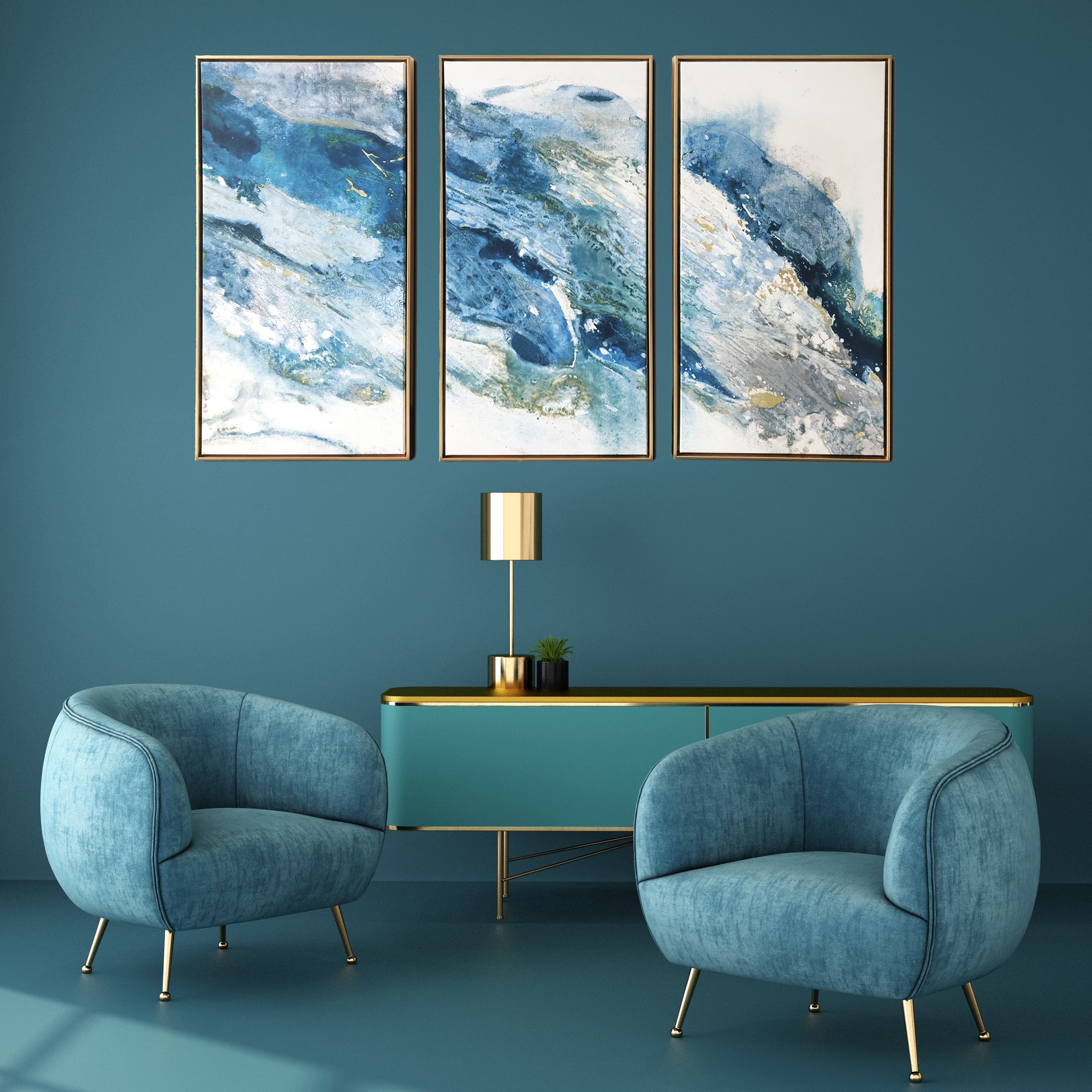 Abstract Turquoise Regalite 3-Piece Gold Framed Canvas Wall Art