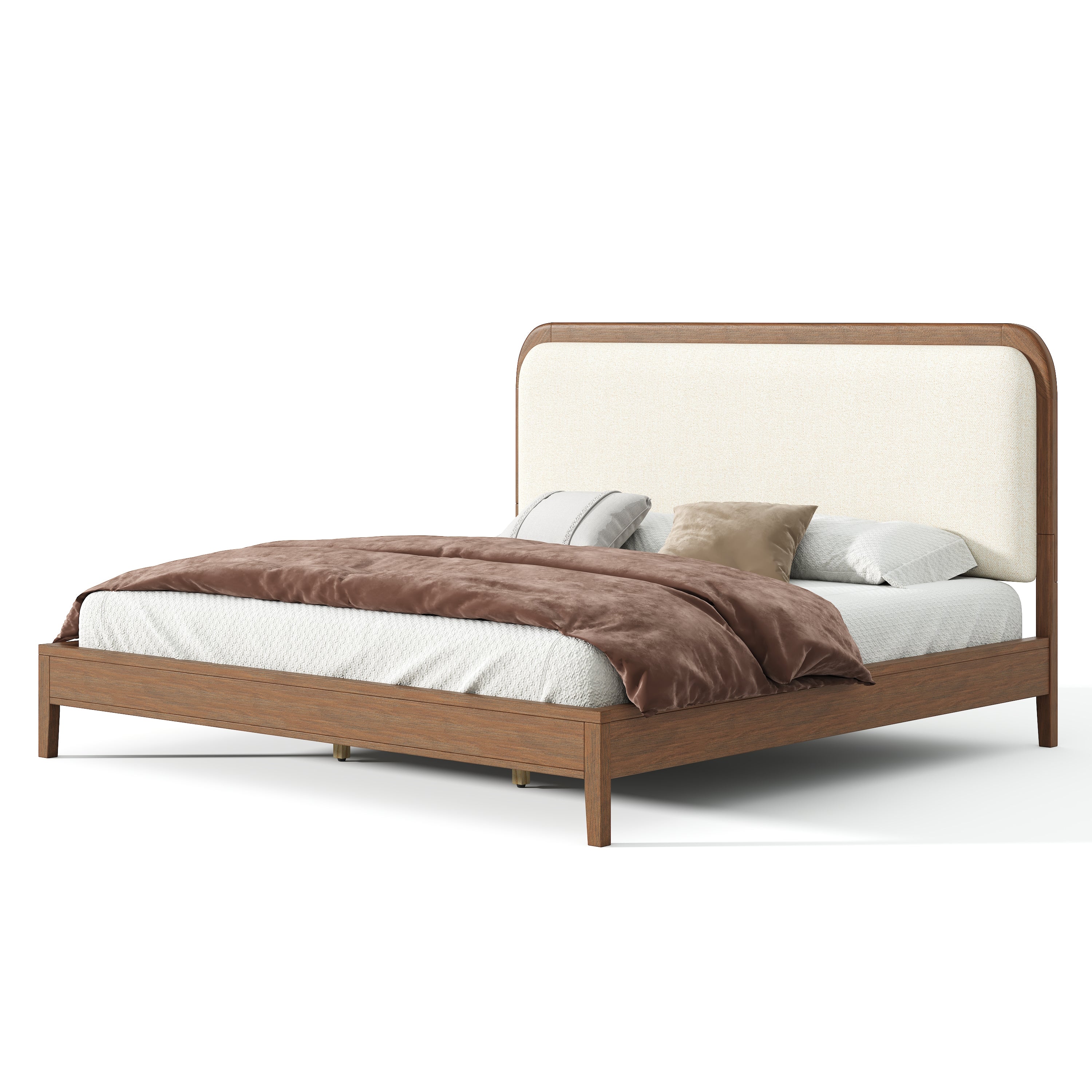 Acacia Wood Bed Frame With Beige Upholstered Headboard