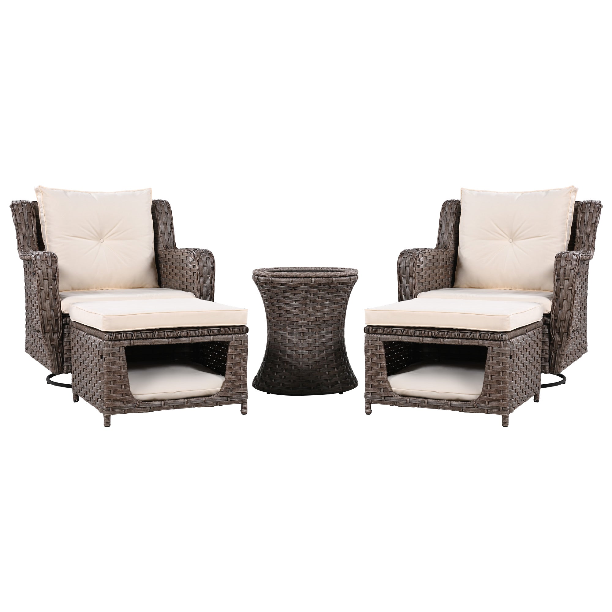 5-Piece Patio Set with Bar Table, 2 Swivel Chair and 2 Ottomans