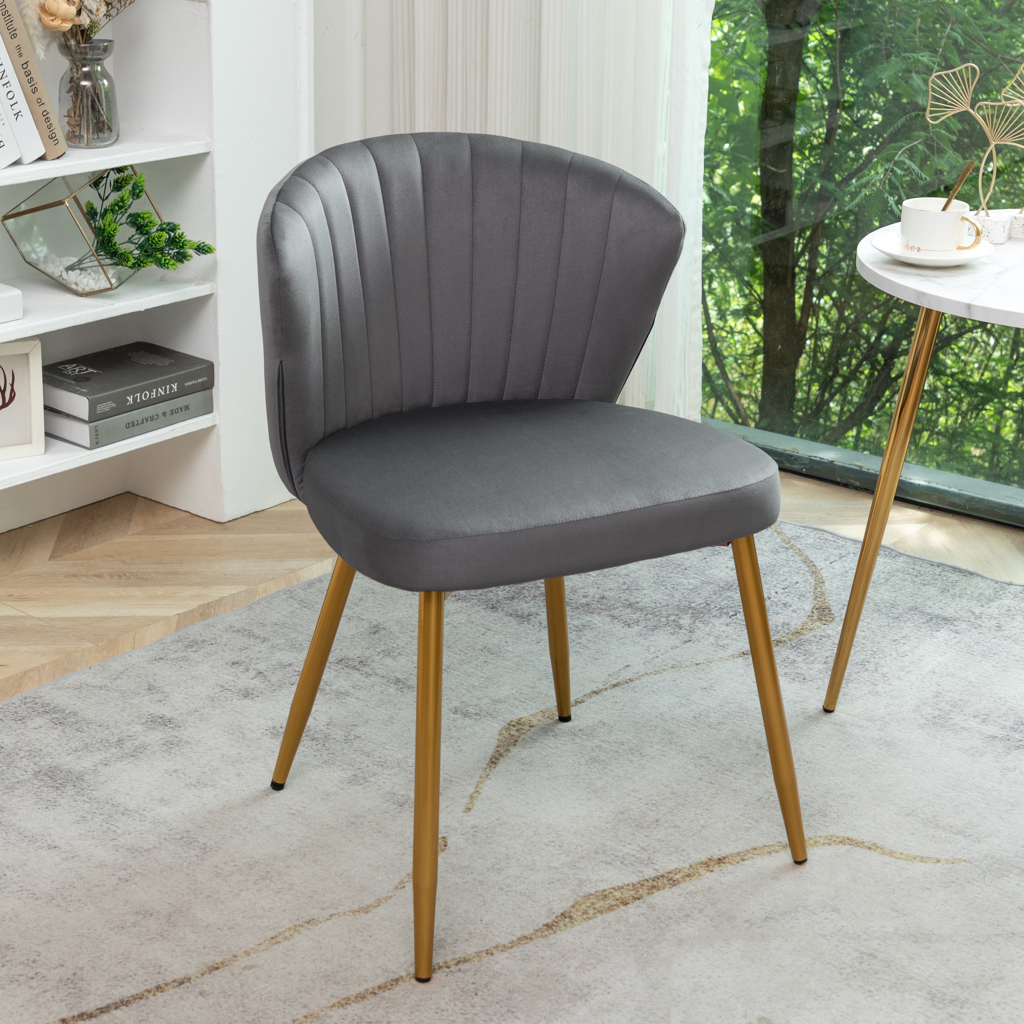 Modern Velvet Armless Accent Chair, Channel Tufted Dining Chair with Gold Metal Legs, Upholstered Side Chair for Living Room Bedroom Small Spaces