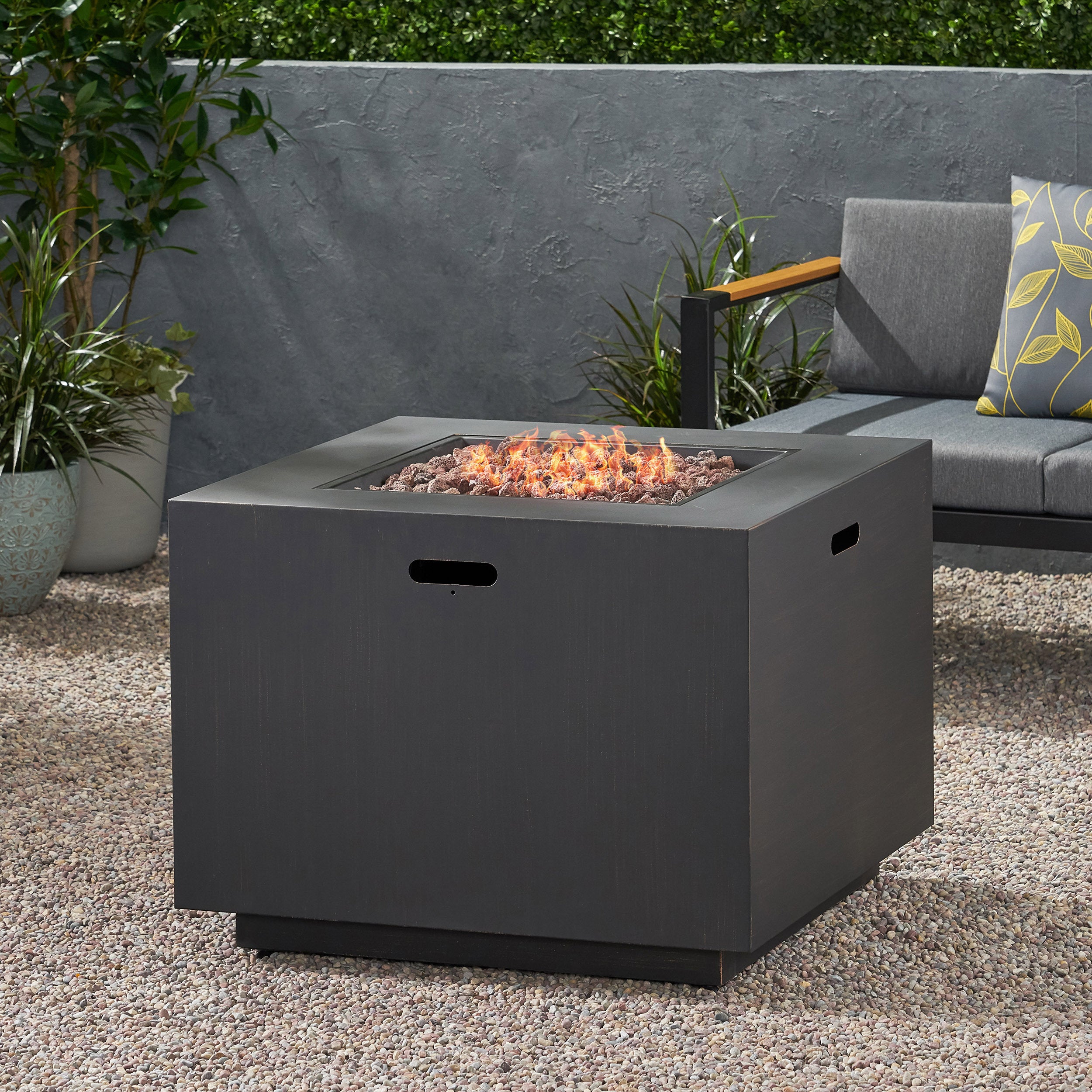 33" Outdoor Iron Square Propane Fire Pit, Tank Inside, 50,000 BTU