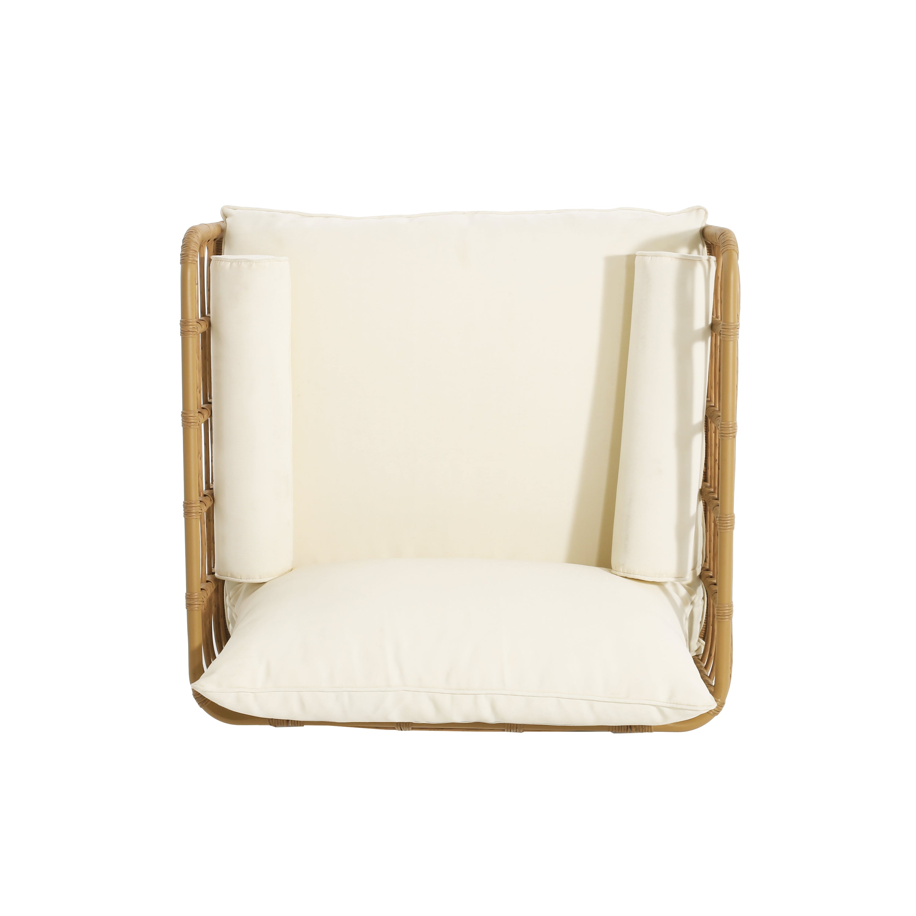 Blithely Outdoor Rattan Accent Chair with Cushions and Open Weave Boho Design