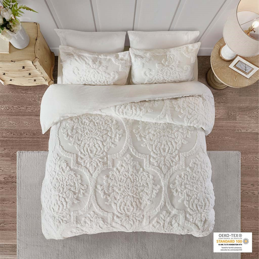 3 Piece Tufted Cotton Chenille Damask Duvet Cover Set