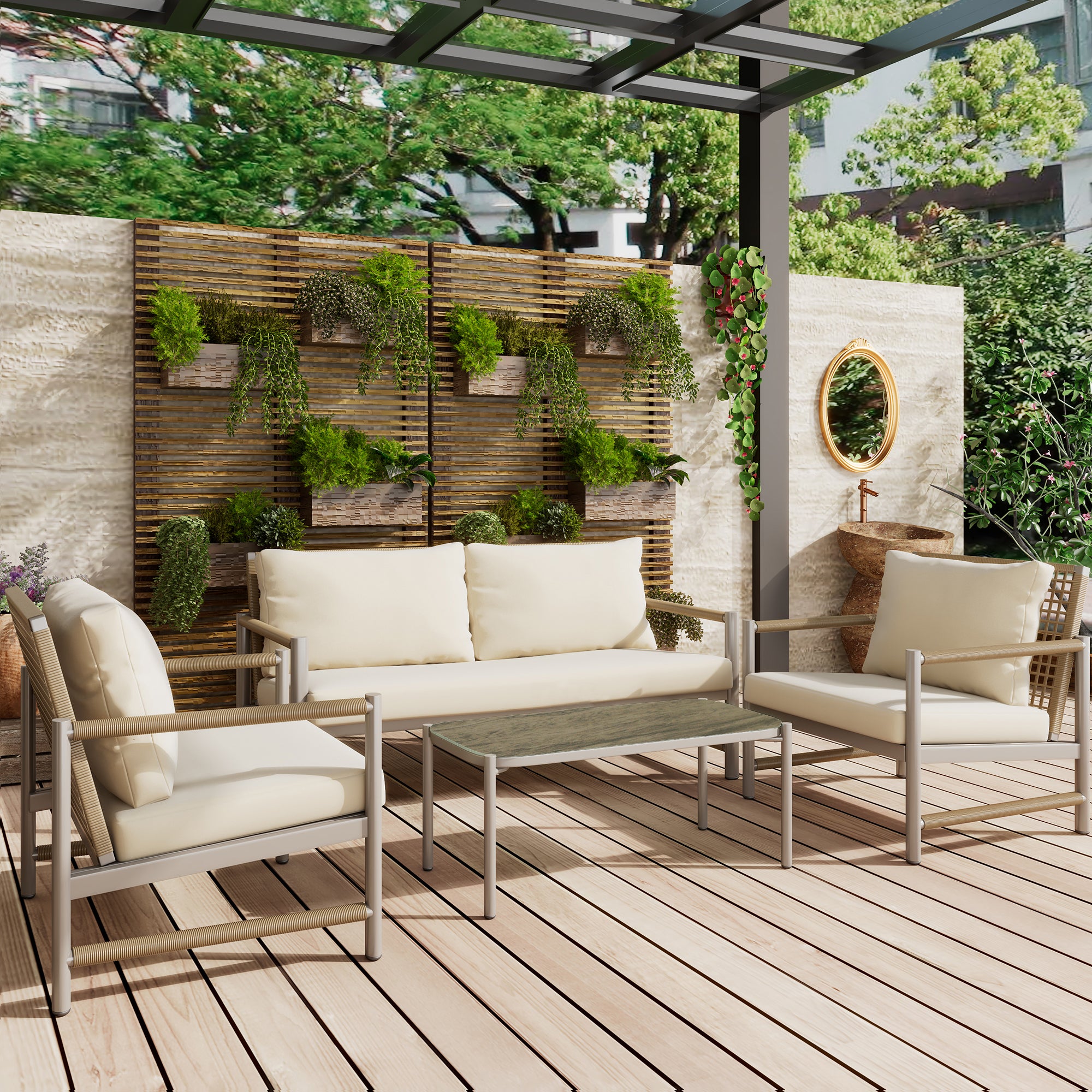 4-Piece PE Rattan Patio Set with Glass Tabletop, Loveseat and 2 Single Sofas