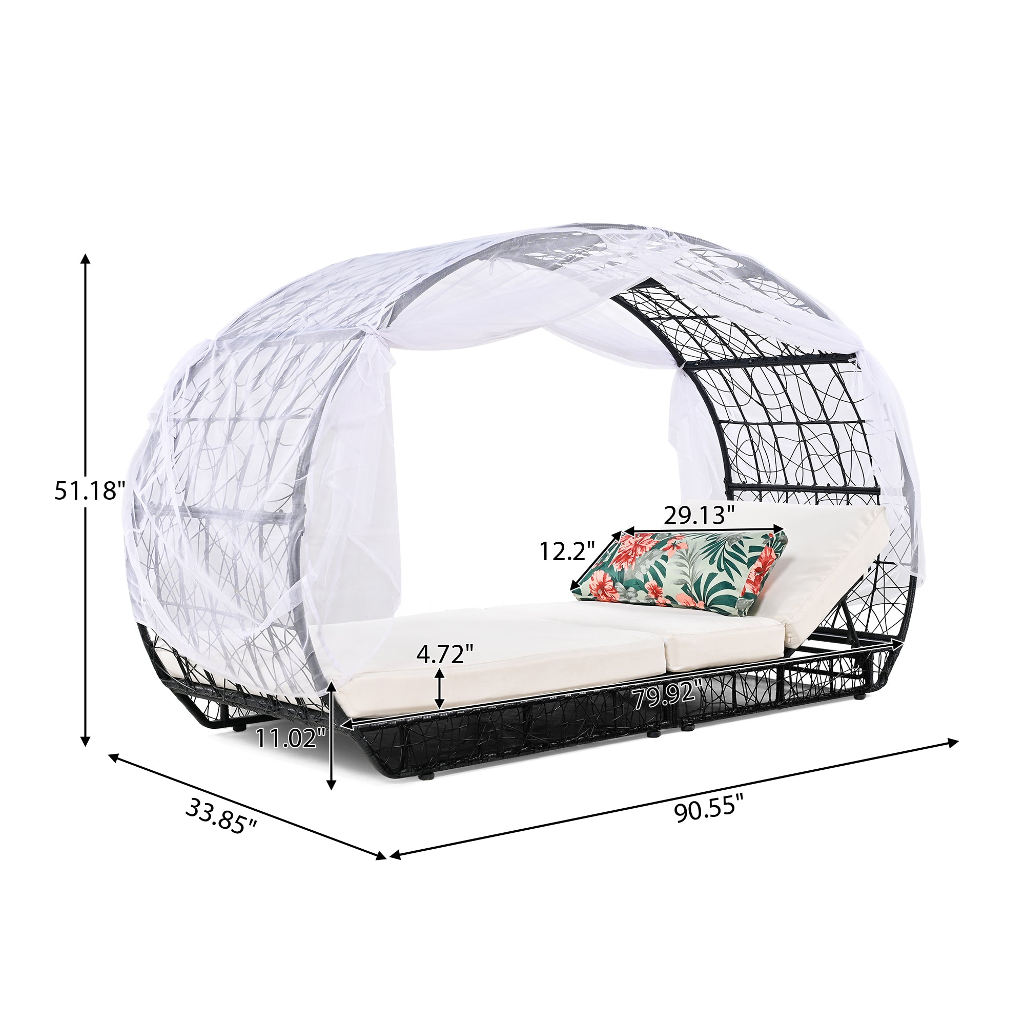90.55" Outdoor Daybed with Curtain and Adjustable Backrest