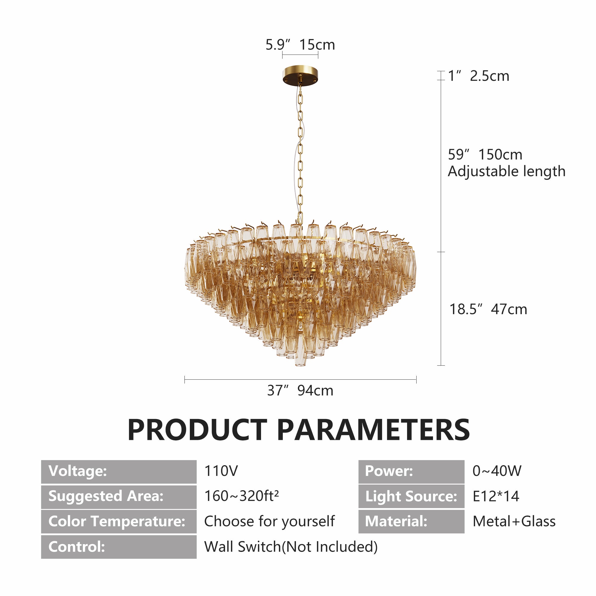 37" Extra Large Tiered Glass Chandelier, 14-Light