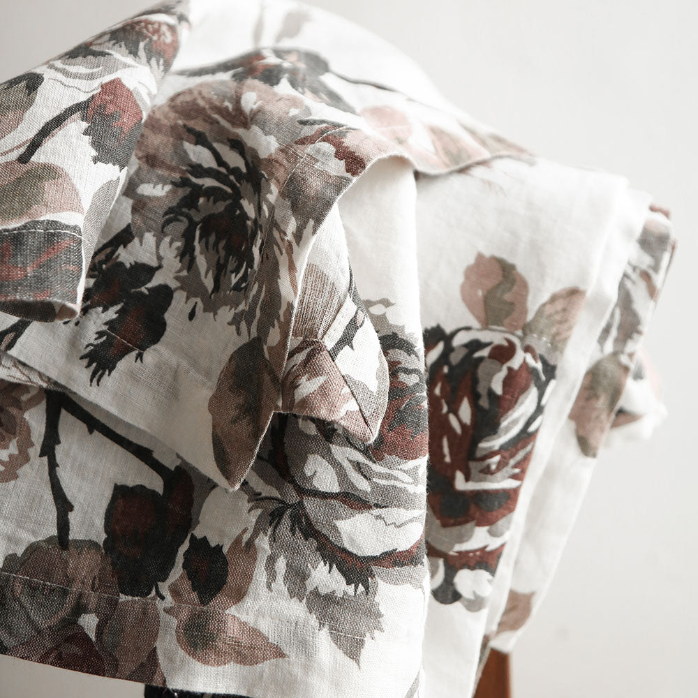 Handcrafted Linen Roses Tablecloth in Eggplant and Grey, 70 x 108 in
