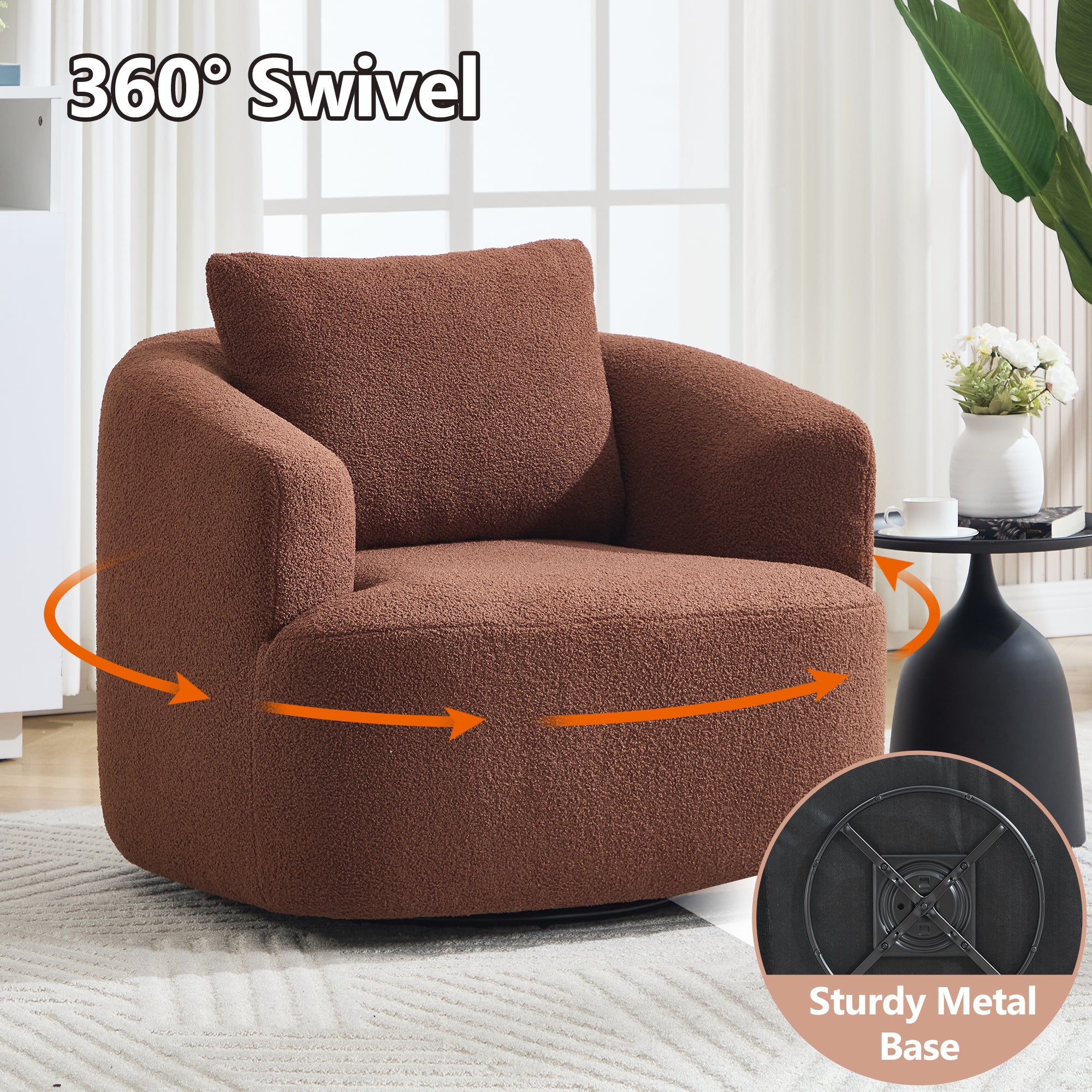 Teddy Fleece 360° Swivel Round Upholstered Comfy Accent Chair With Pillow