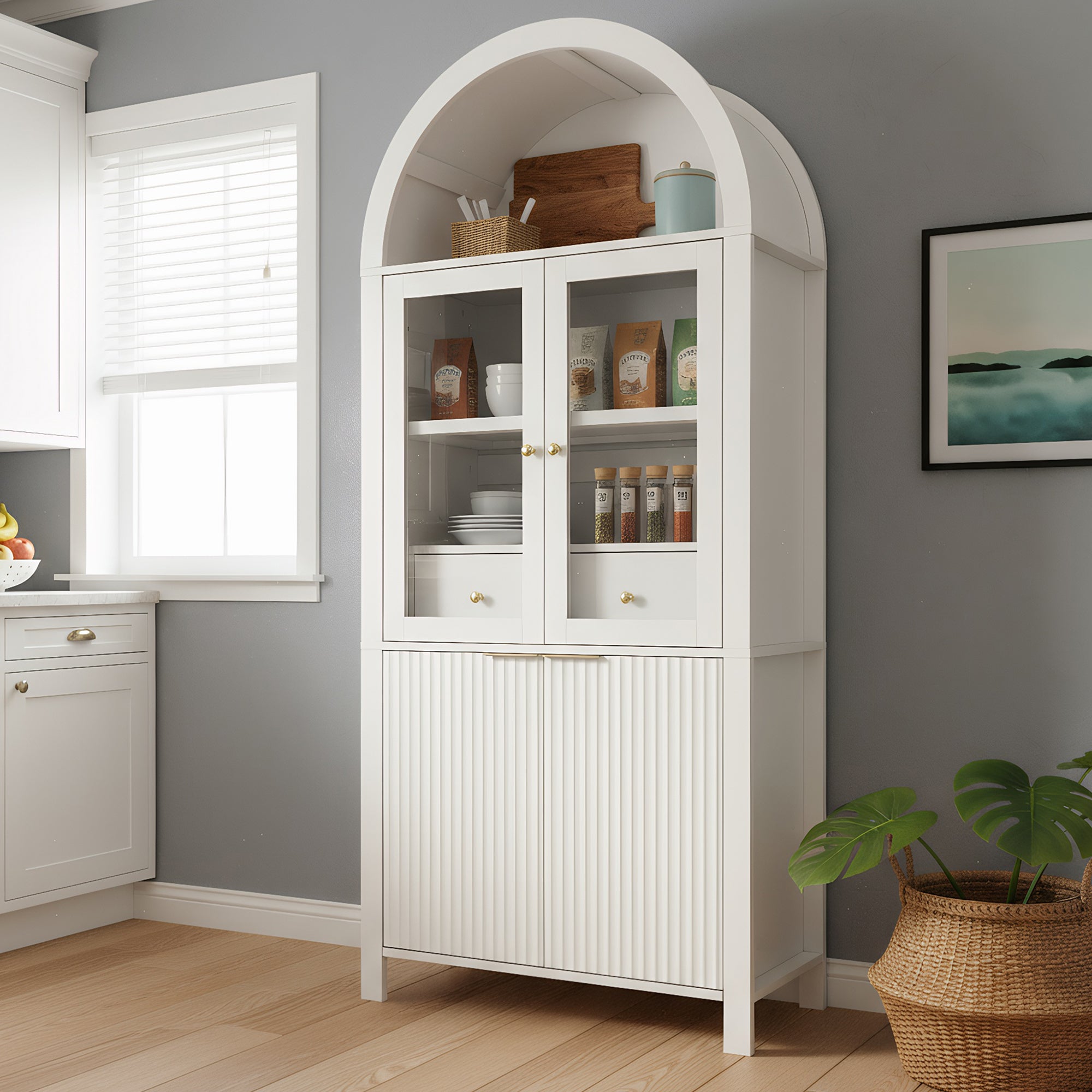 Fluted Arched Storage Cabinet with Adjustable Shelves