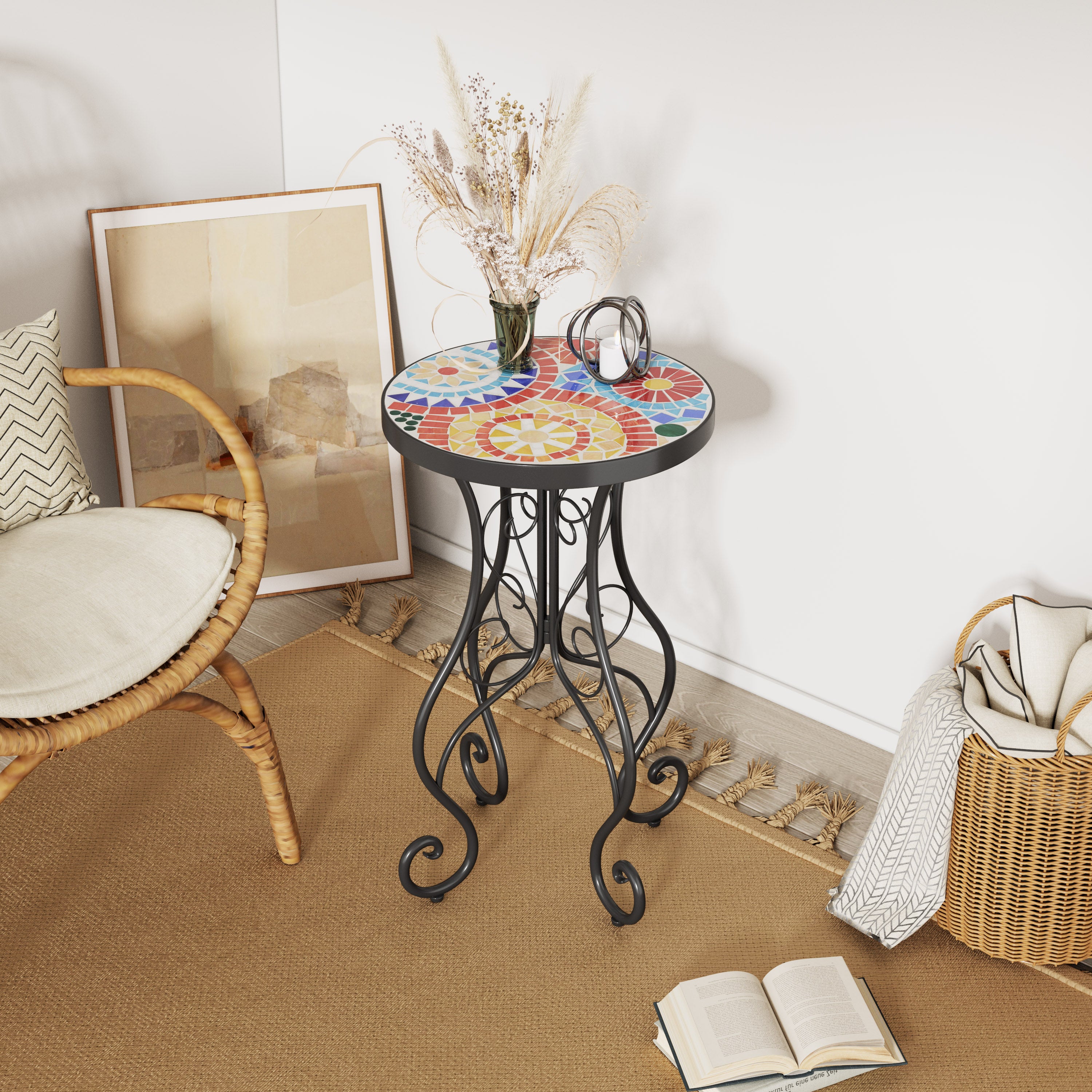 Unending Outdoor Ceramic Tile Side Table with Floral Design