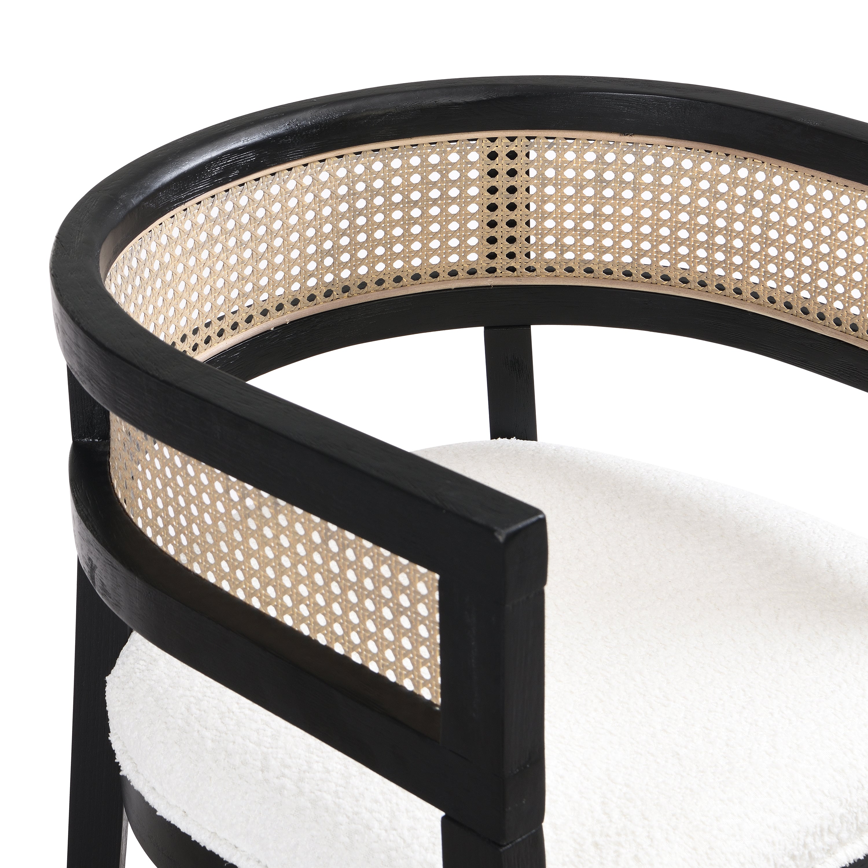 Asbury 7-Piece Mid-Century Modern Wood Upholstered Dining Set with Rattan U-Back Chairs