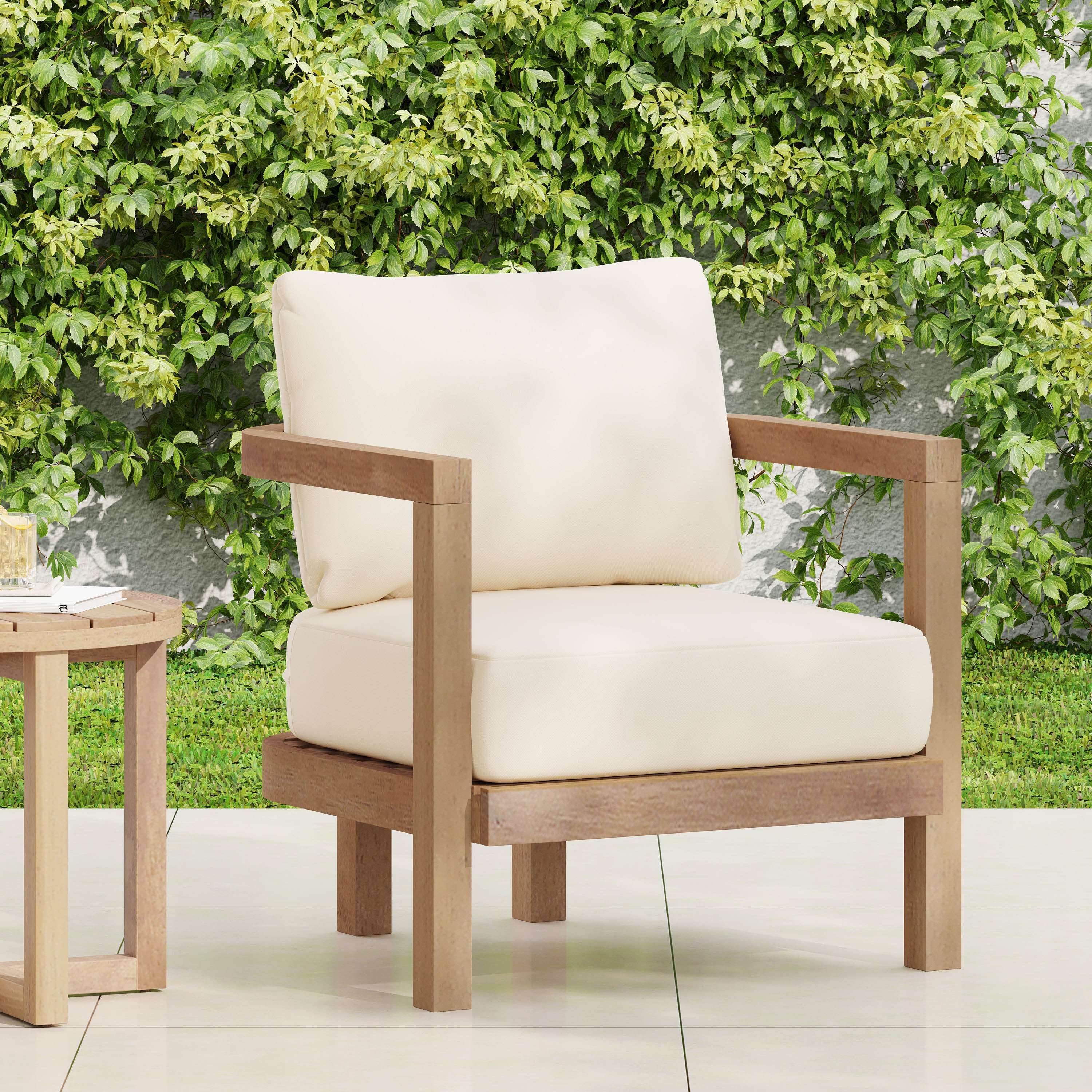 Outdoor Club Chair with Slat Panel Design and Back Cushion