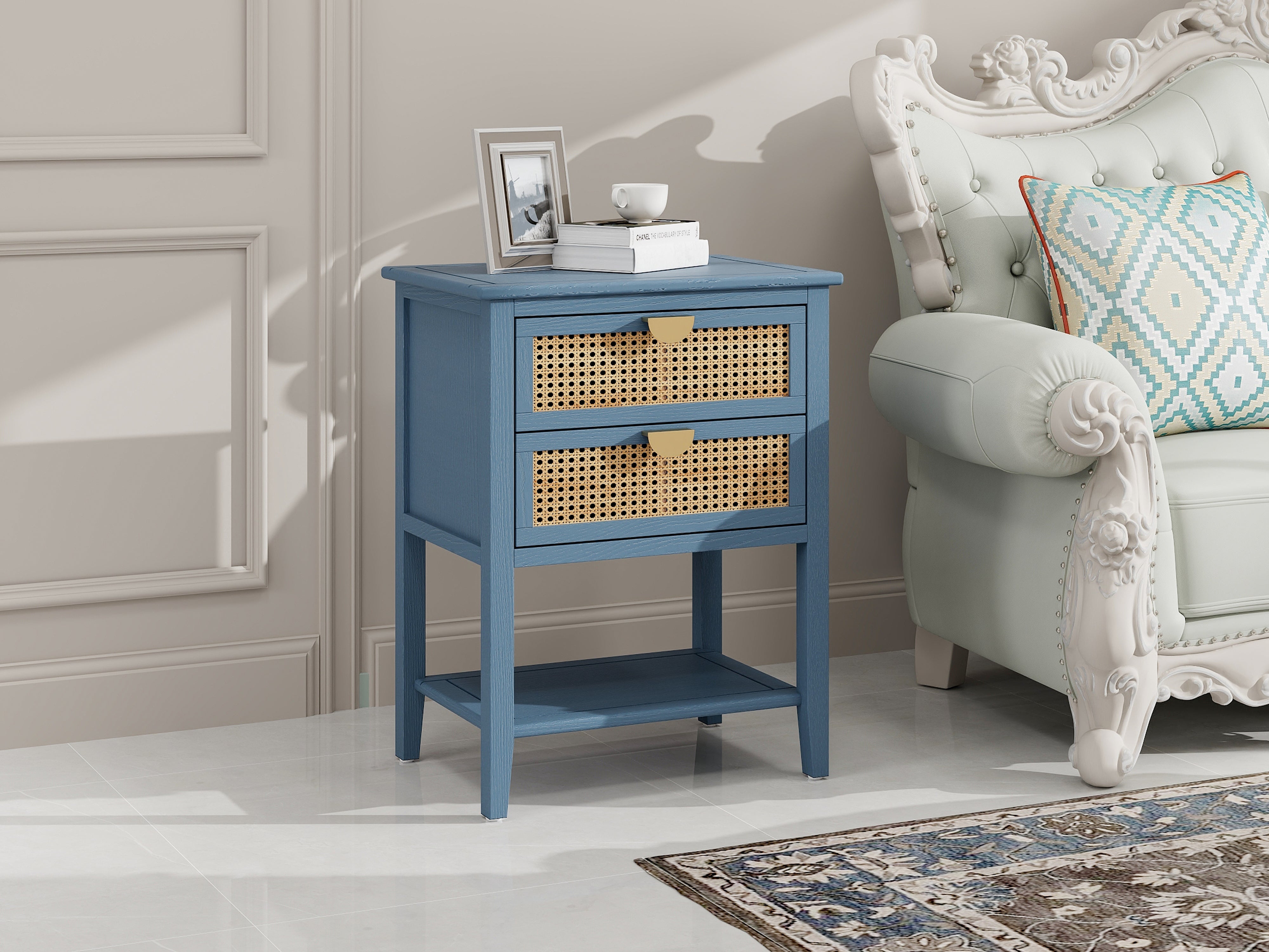 Side Table with 2 Rattan Drawers and Shelf