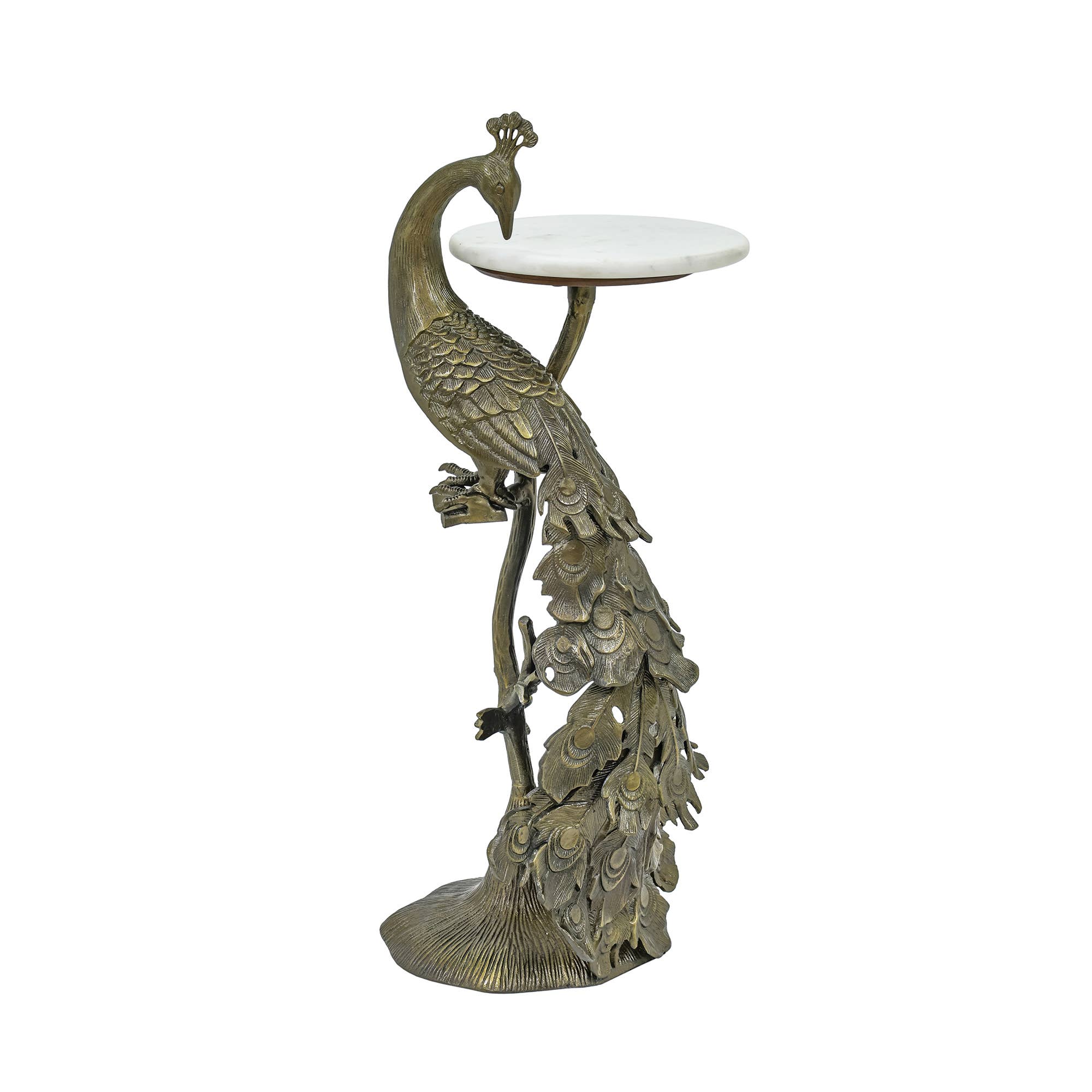Peacock Brass Antique Side Table with Marble Top