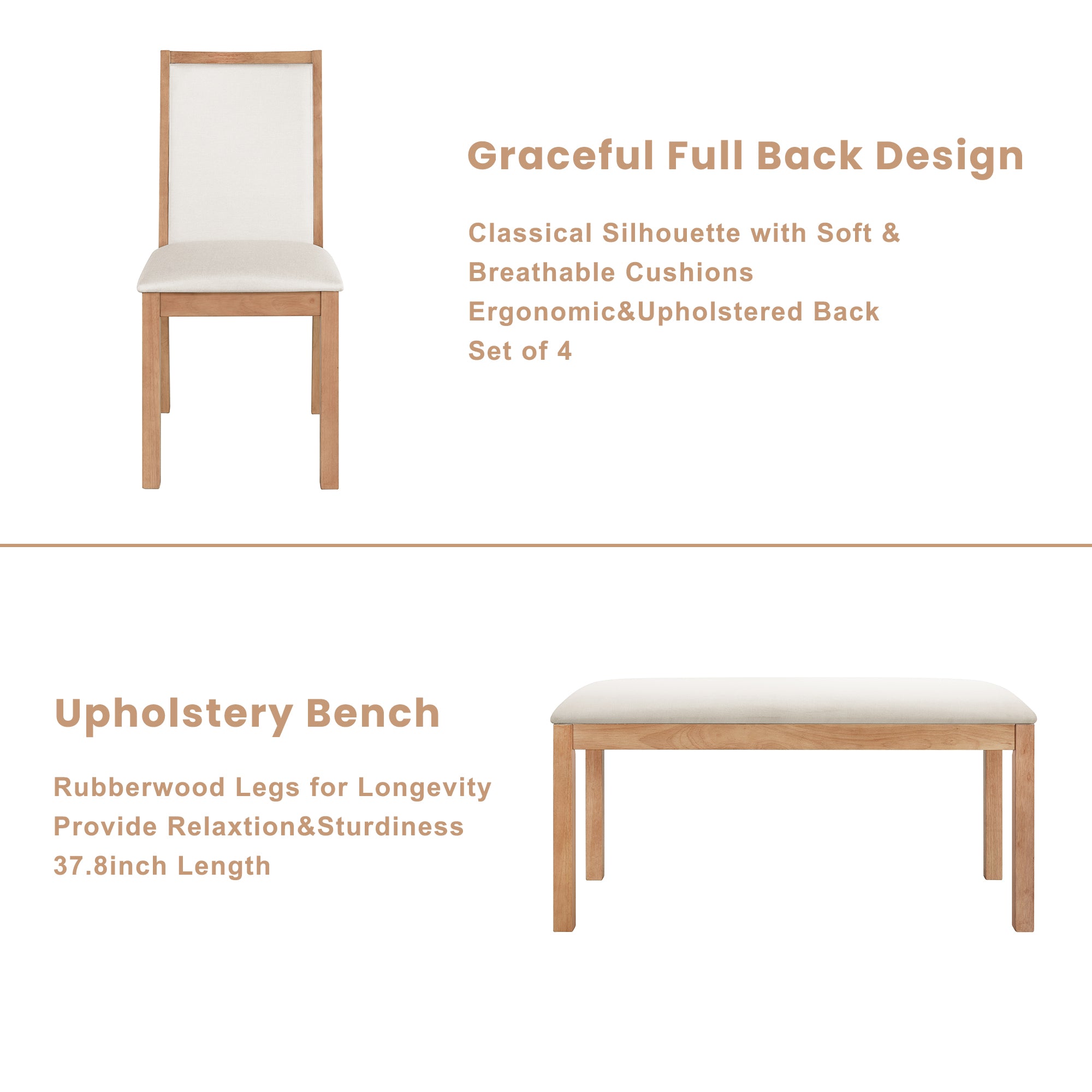 6-Piece Dining Set with Trestle Base, Upholstered Dining Bench and 4 Chairs
