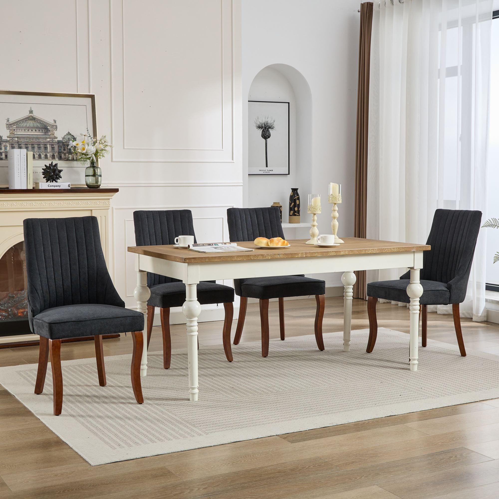 Rayon Cloth Flocking Linen Dining Chairs Channel Kitchen Dinner Chair Comfy Fabric Upholstered Accent Chair for Dining Room with Curved Solid Wood Legs,Set of 2 (Black), SW1847BK
