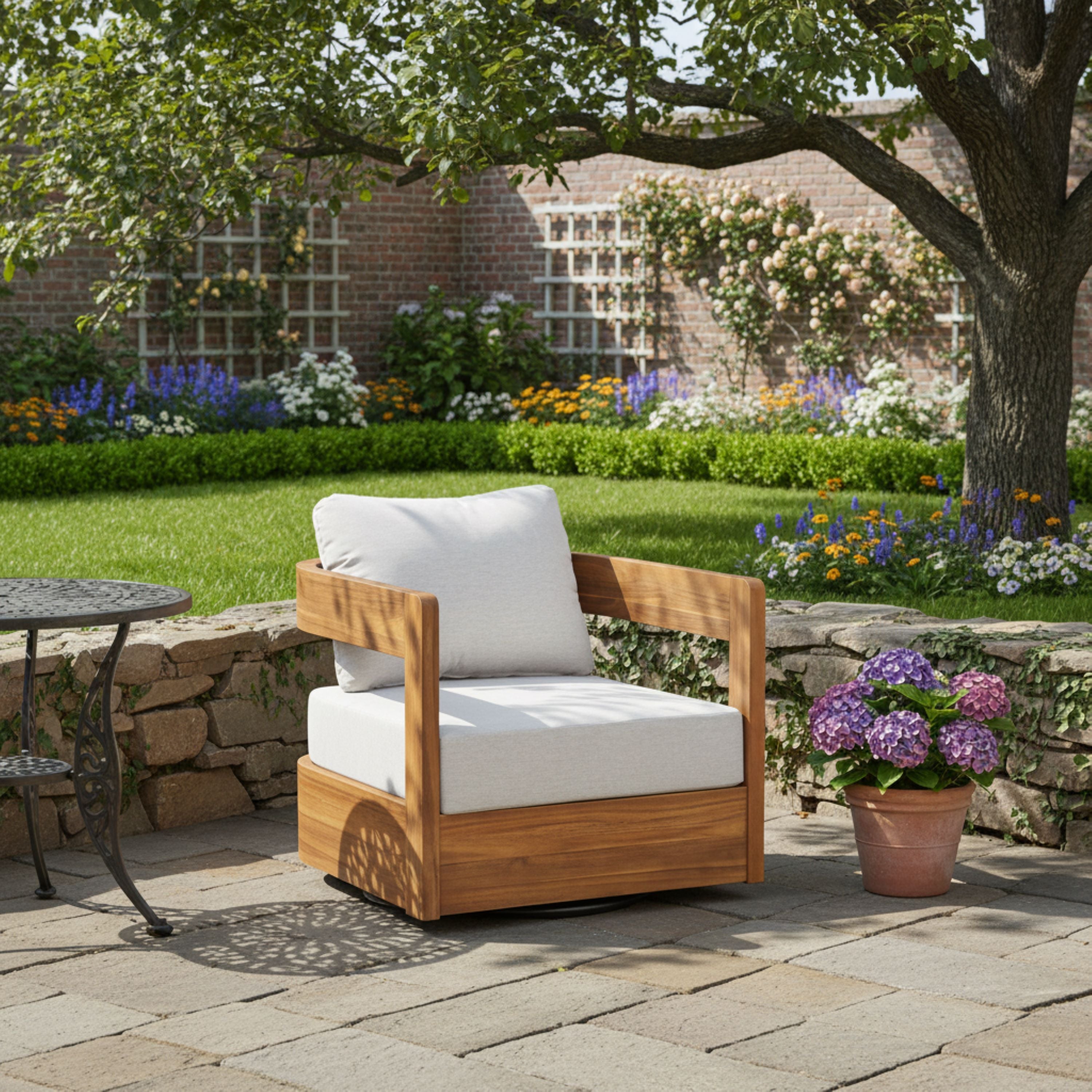 Telluride Outdoor Wood Swivel Club Chair with Beige Cushion
