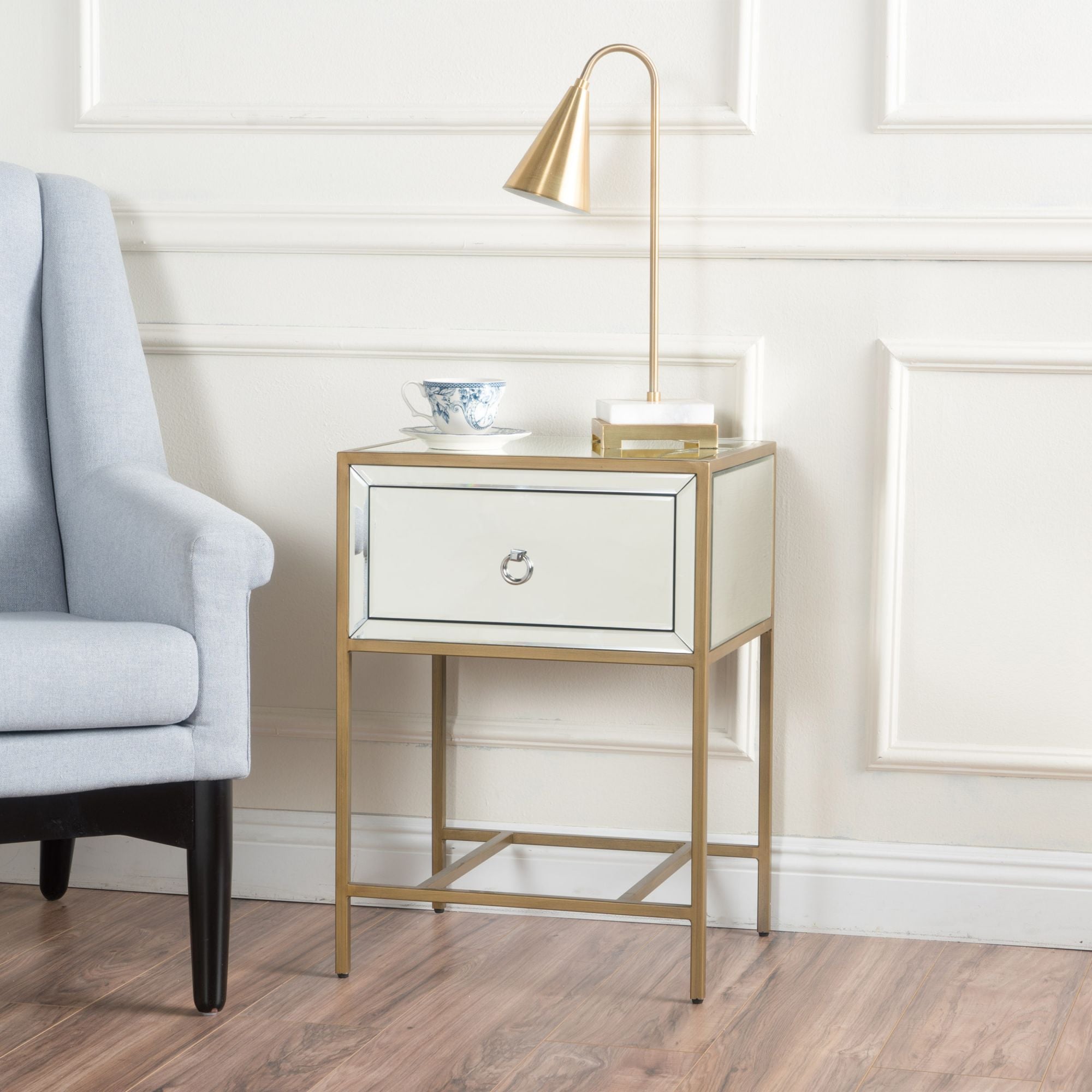 Mirror Side Table with Drawer and Metal Frame