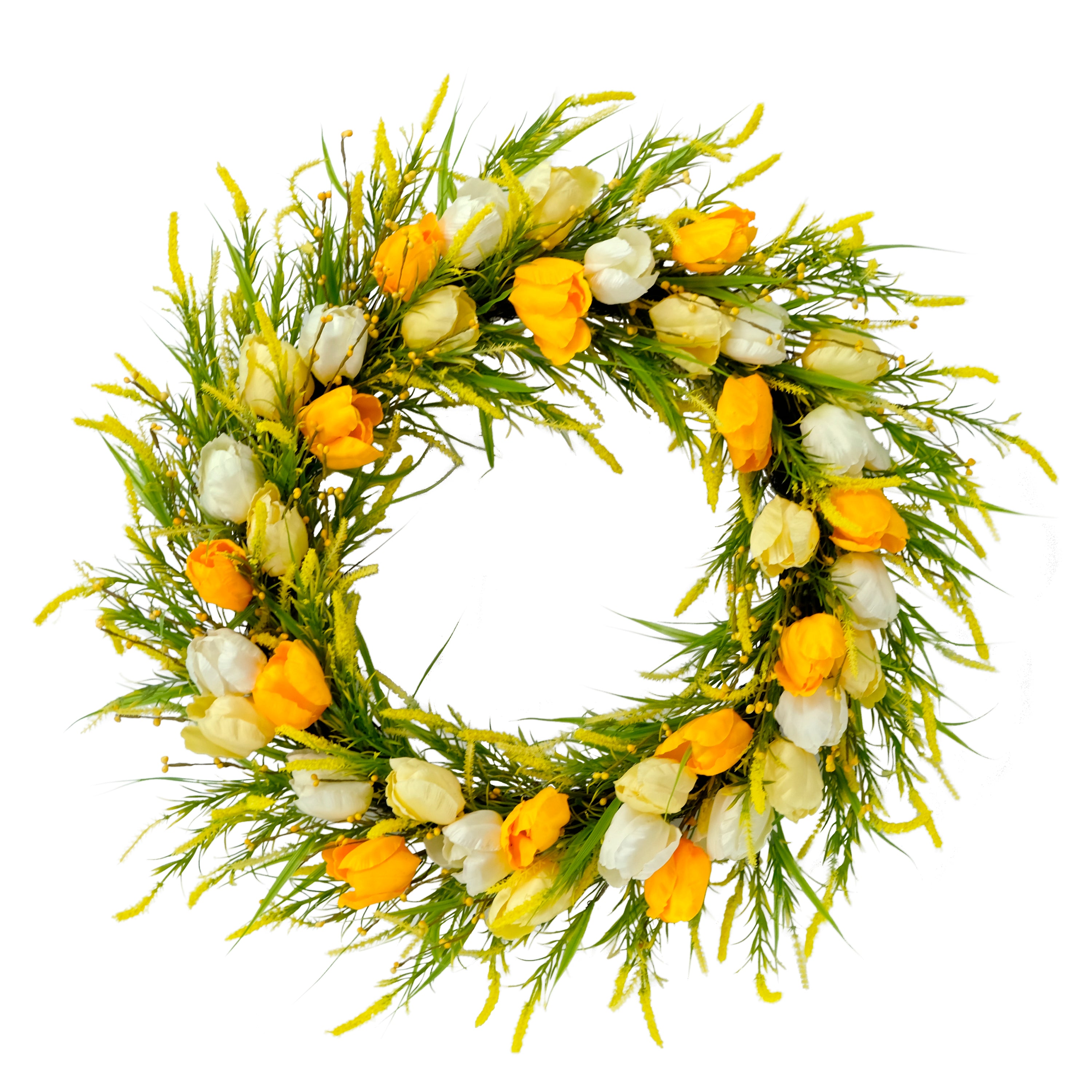 30" Artificial Green and Yellow Tulip Floral Spring Door Wreath