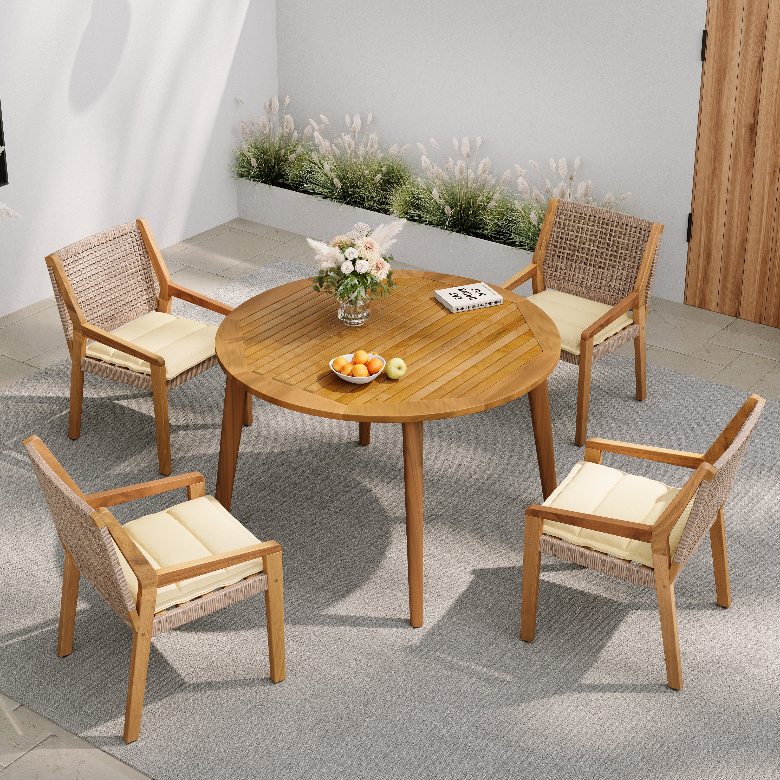 Stamford Premium Acacia Wood Table & Wicker Chairs with Cream Cushion