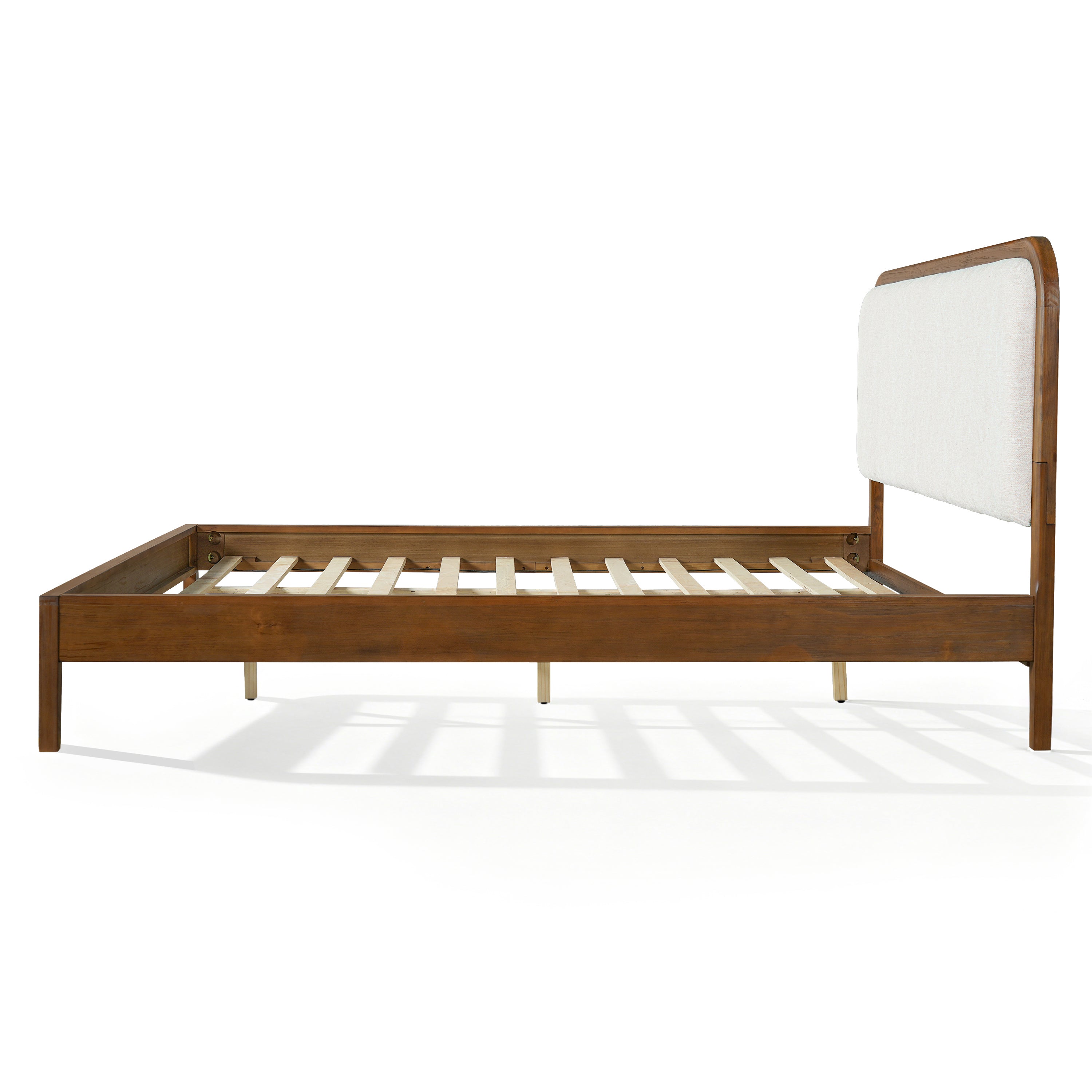 Acacia Wood Bed Frame With Beige Upholstered Headboard