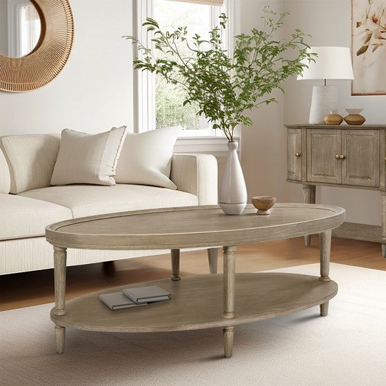 Oval Coffee Table with Open Shelf and Turned Legs