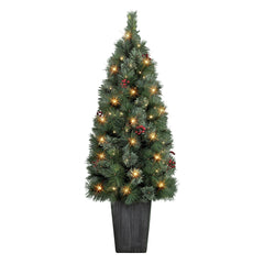 4 ft Potted Cascade Pine Tree with Warm White LED Lights, Decorative Pot & On/Off Timer Function