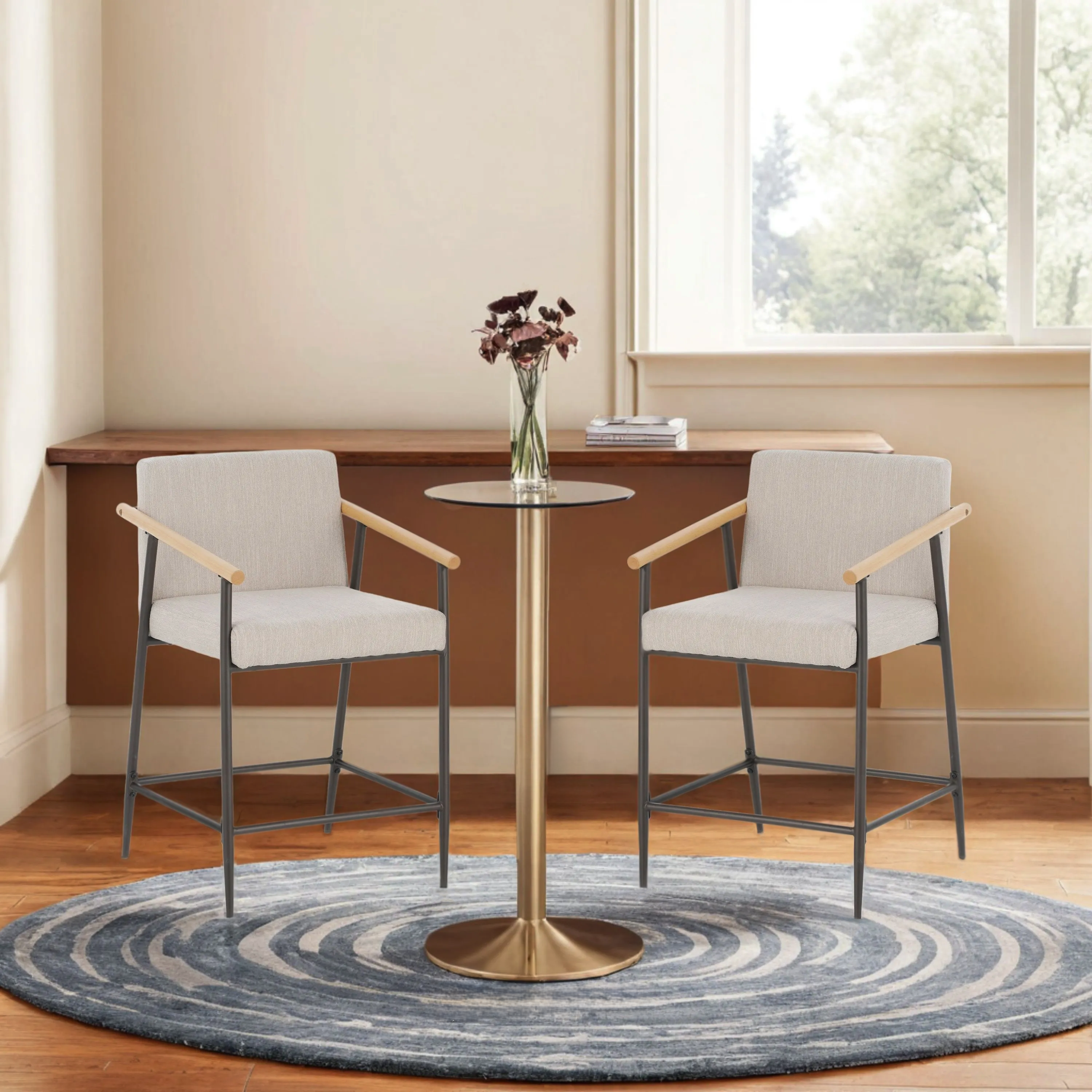 Kentwood Square Back Upholstered Counter Stool with Iron Frame, Set of 2