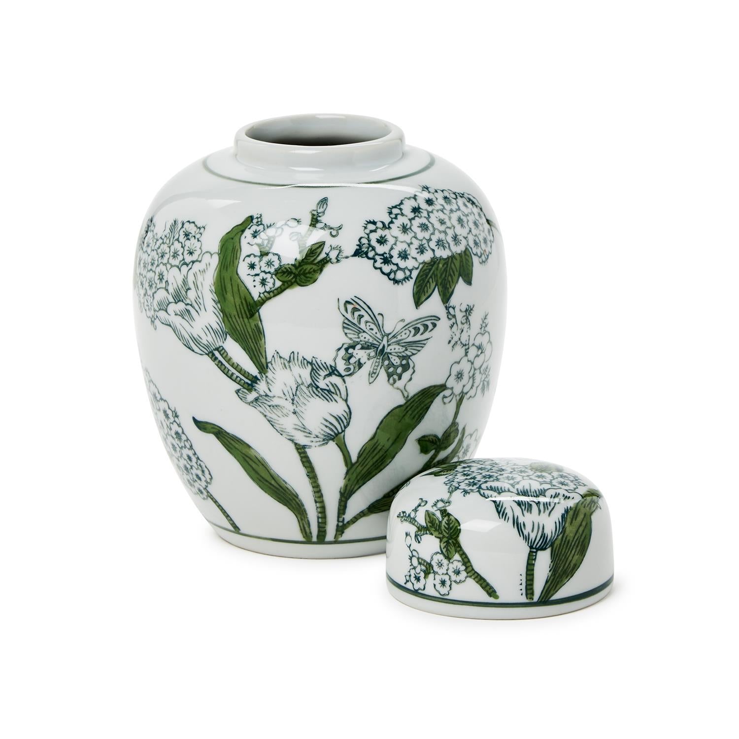 7 1/2" Primrose and Lotus Green and White Chinoiserie Ginger Jar with Lid