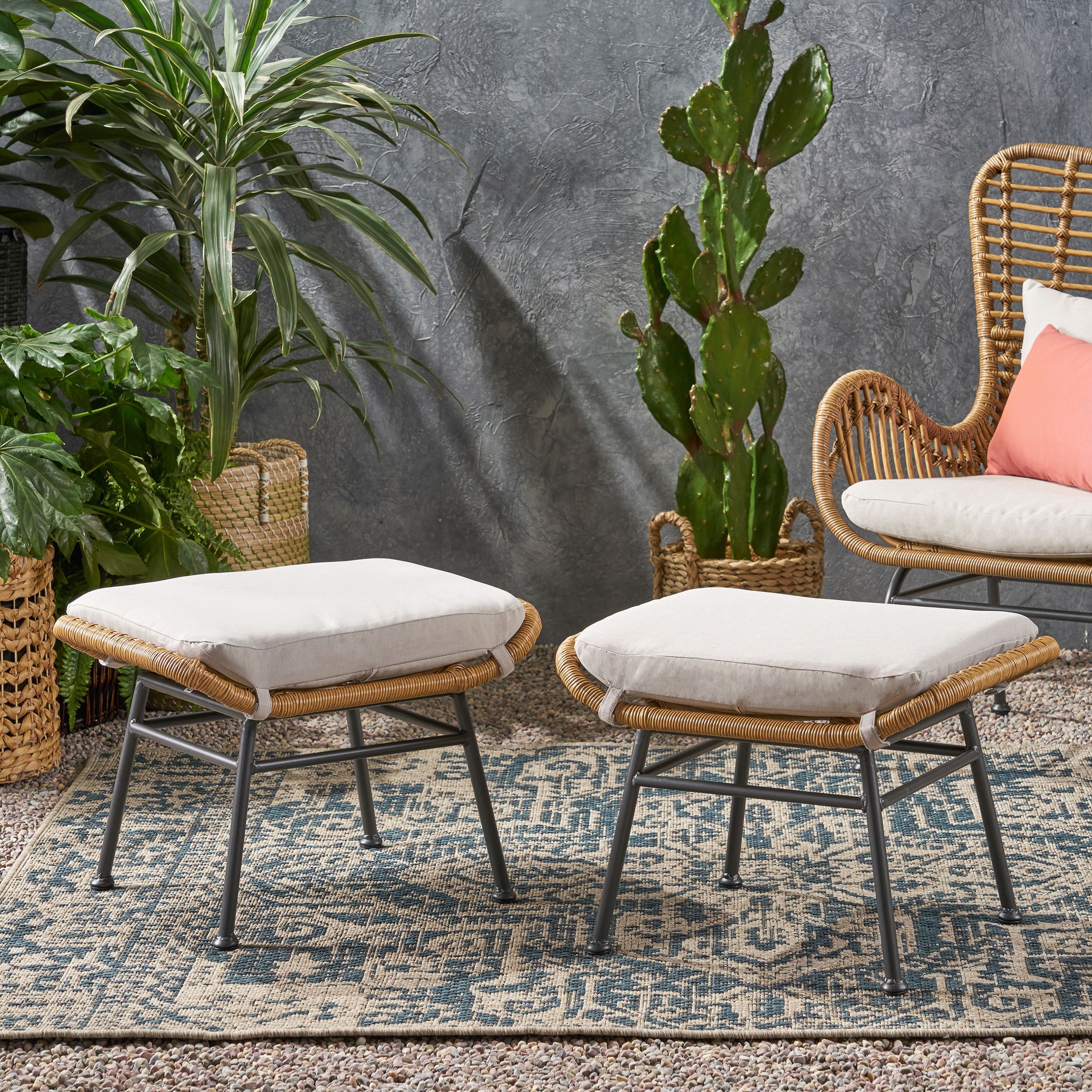 Cordella Outdoor Modern Boho Wicker Ottoman with Cushions, Set of 2
