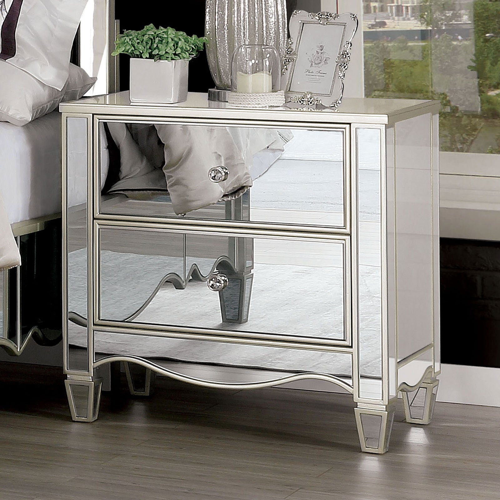 Glam Mirrored Nightstand with Crystal Drawer Knobs