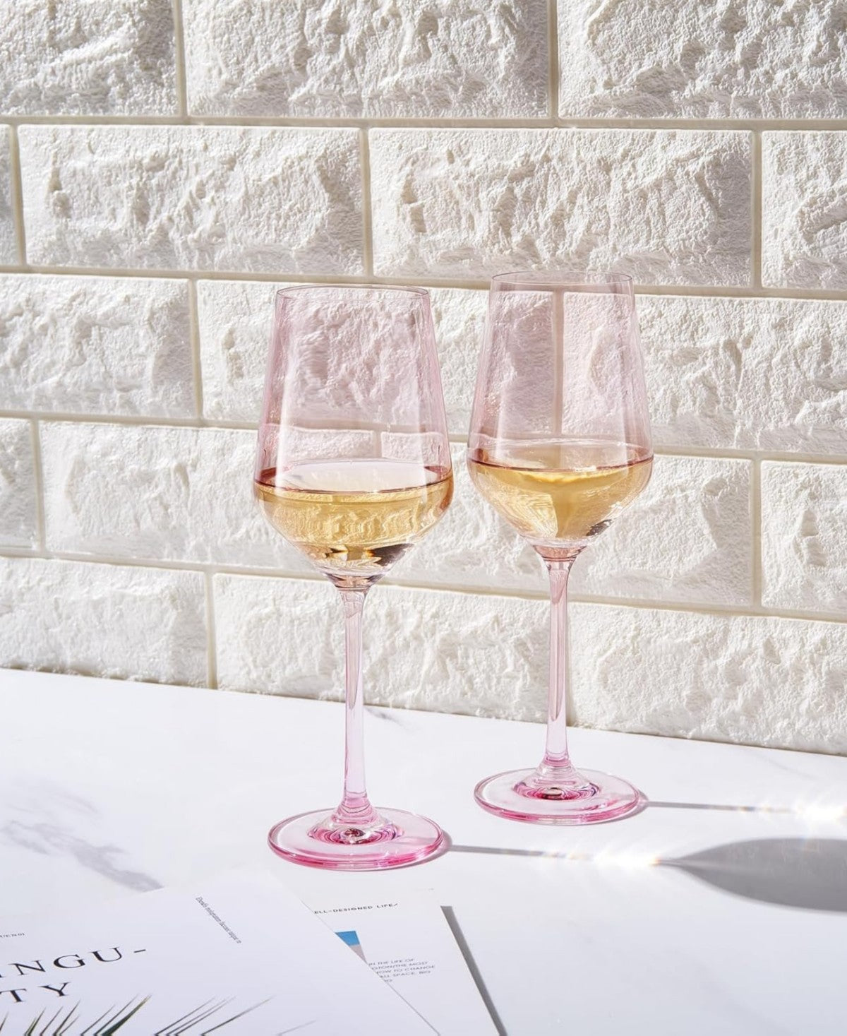 Poptail Pink Colored Crystal Wine Glasses Set of 2
