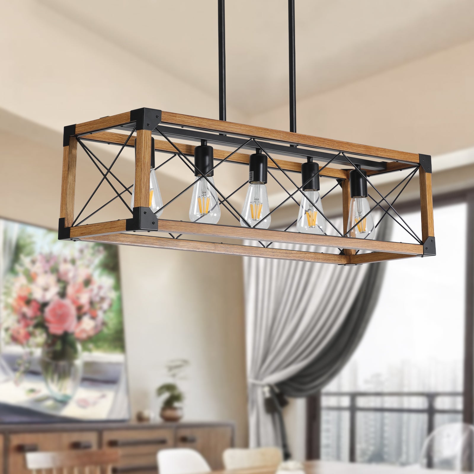 32" Rectangle Pendant Light with 5 Lights and Adjustable Height Boom