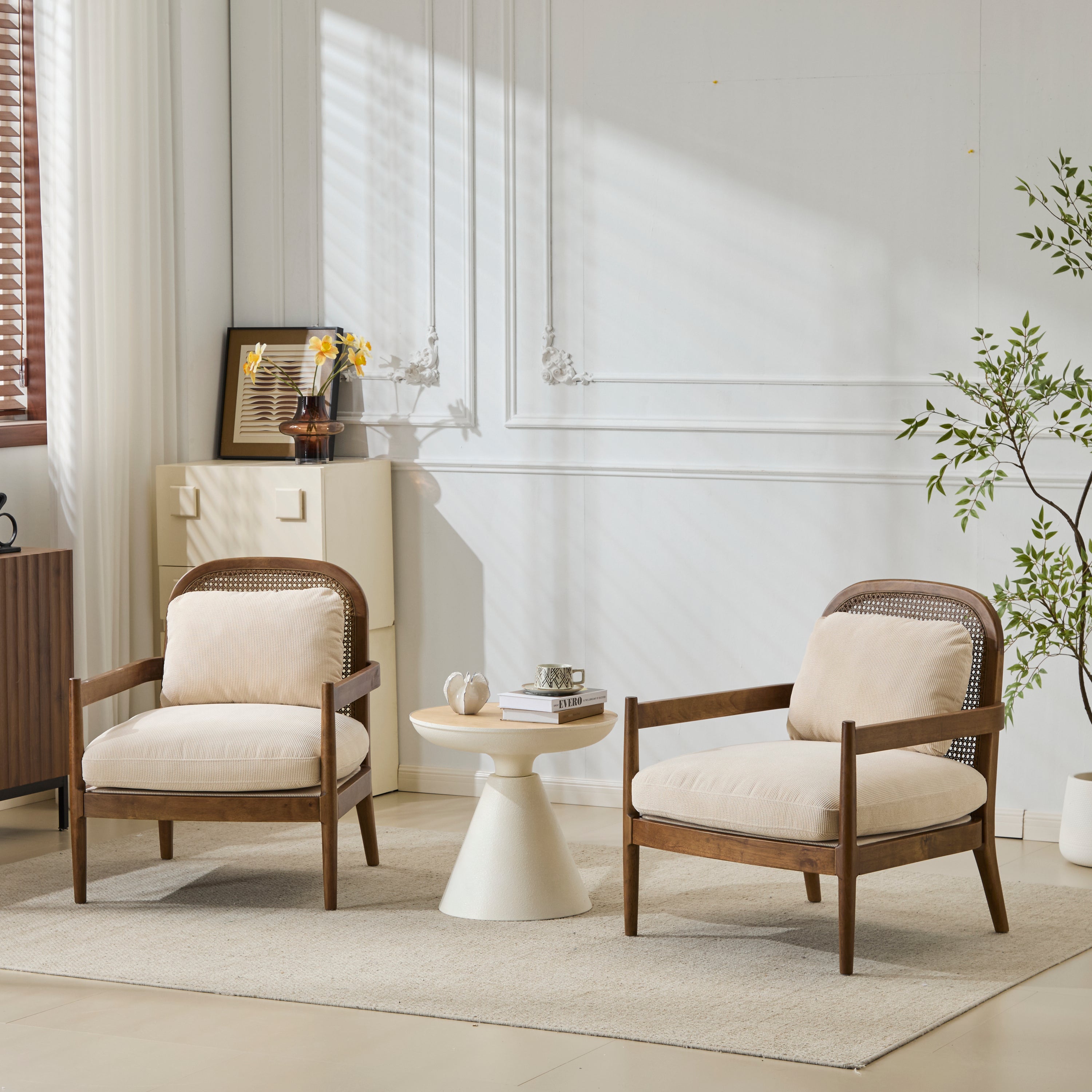 Elliston Solid Wood and Rattan Accent Chair with Cushions, Set of 2