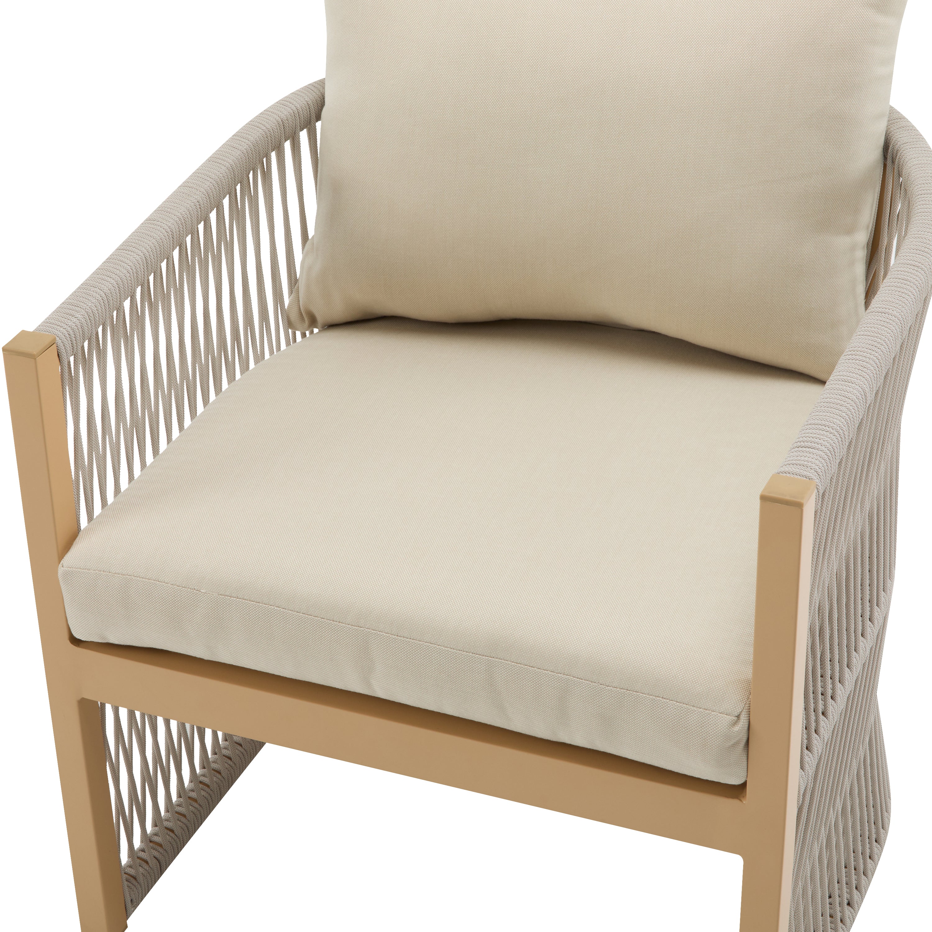 Modern Beige Curved Aluminum Lounge Chair with Stylish Rope-Weave Design and Cushioned Comfort