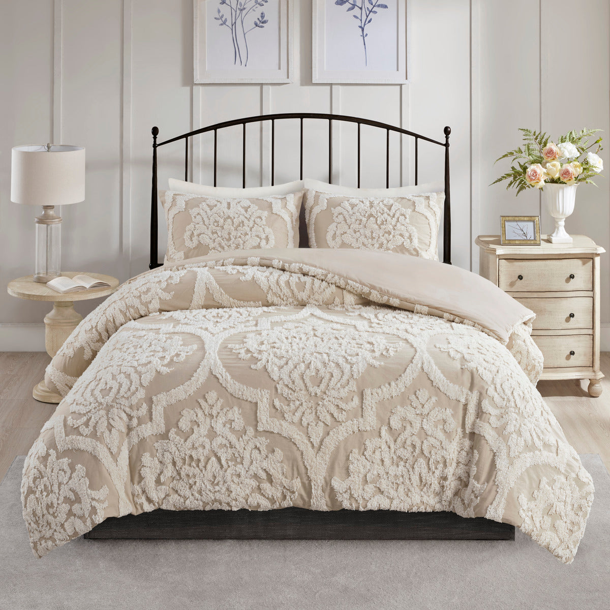 Viola 3-Piece Tufted Cotton Chenille Damask Comforter Set