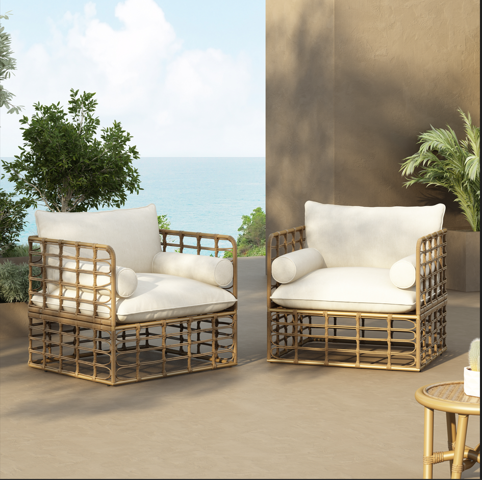 Blithely Outdoor Rattan Accent Chair with Cushions and Open Weave Boho Design